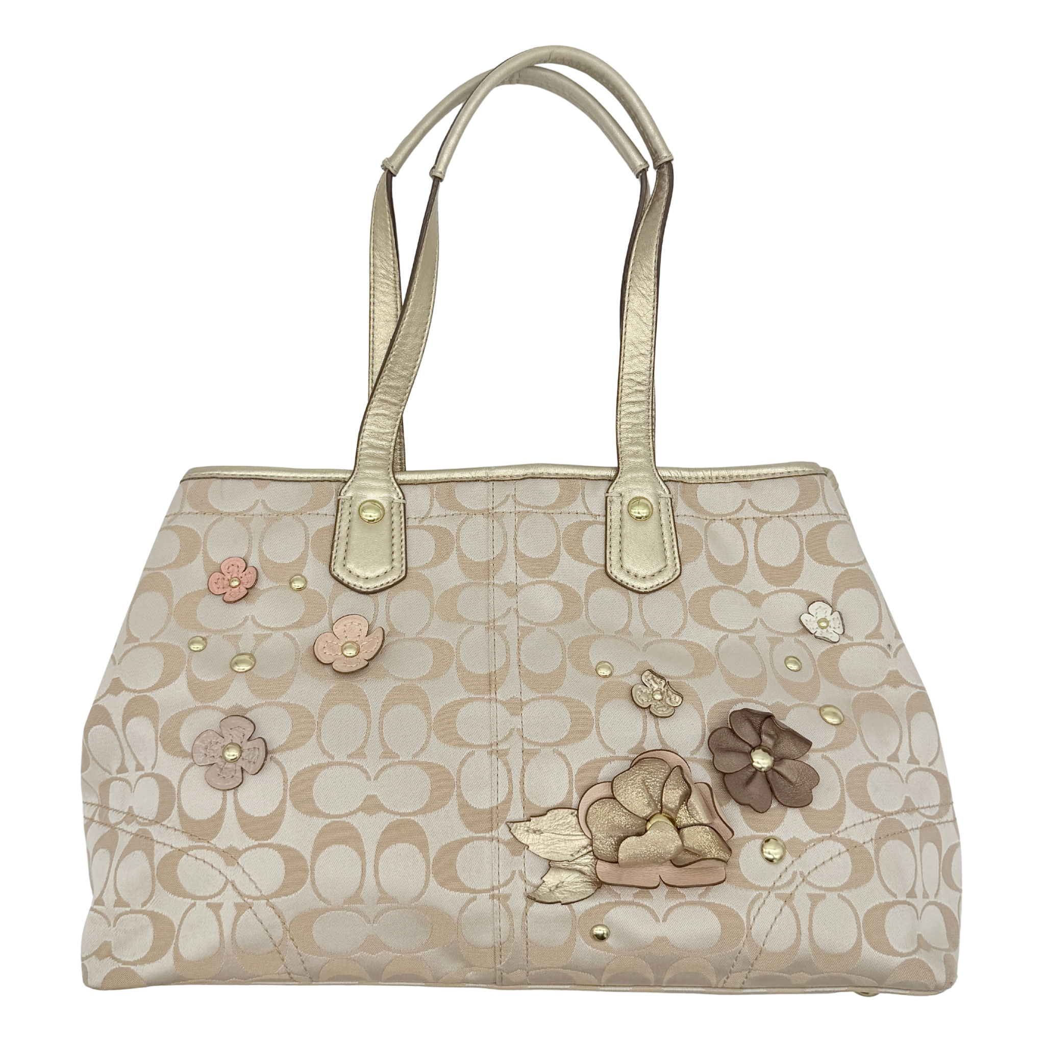 Coach Floral Applique Carryall Tote Bag Beige