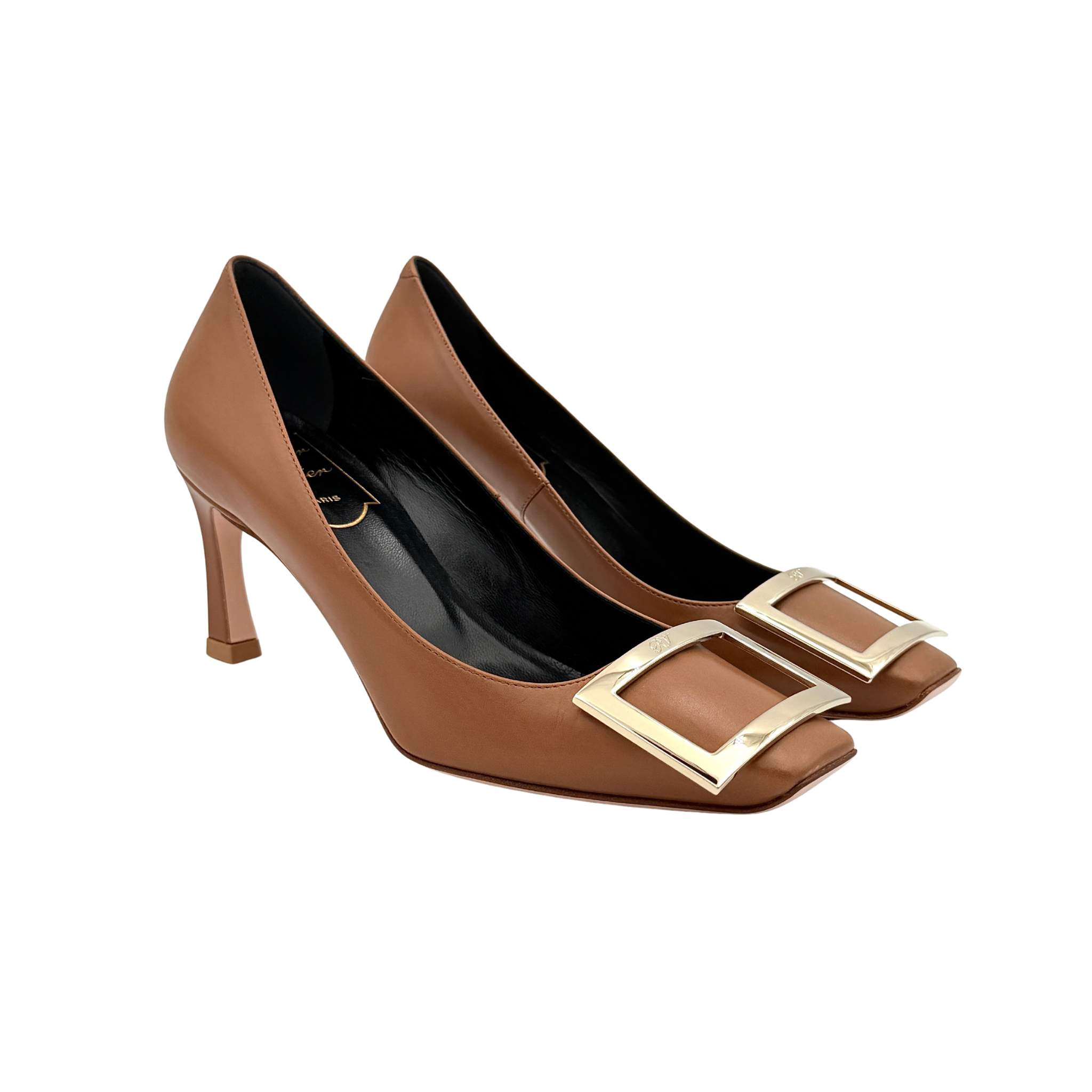 A pair of Roger Vivier Belle Vivier Trompette leather pumps in brown with gold-tone signature buckle and squared toe.
