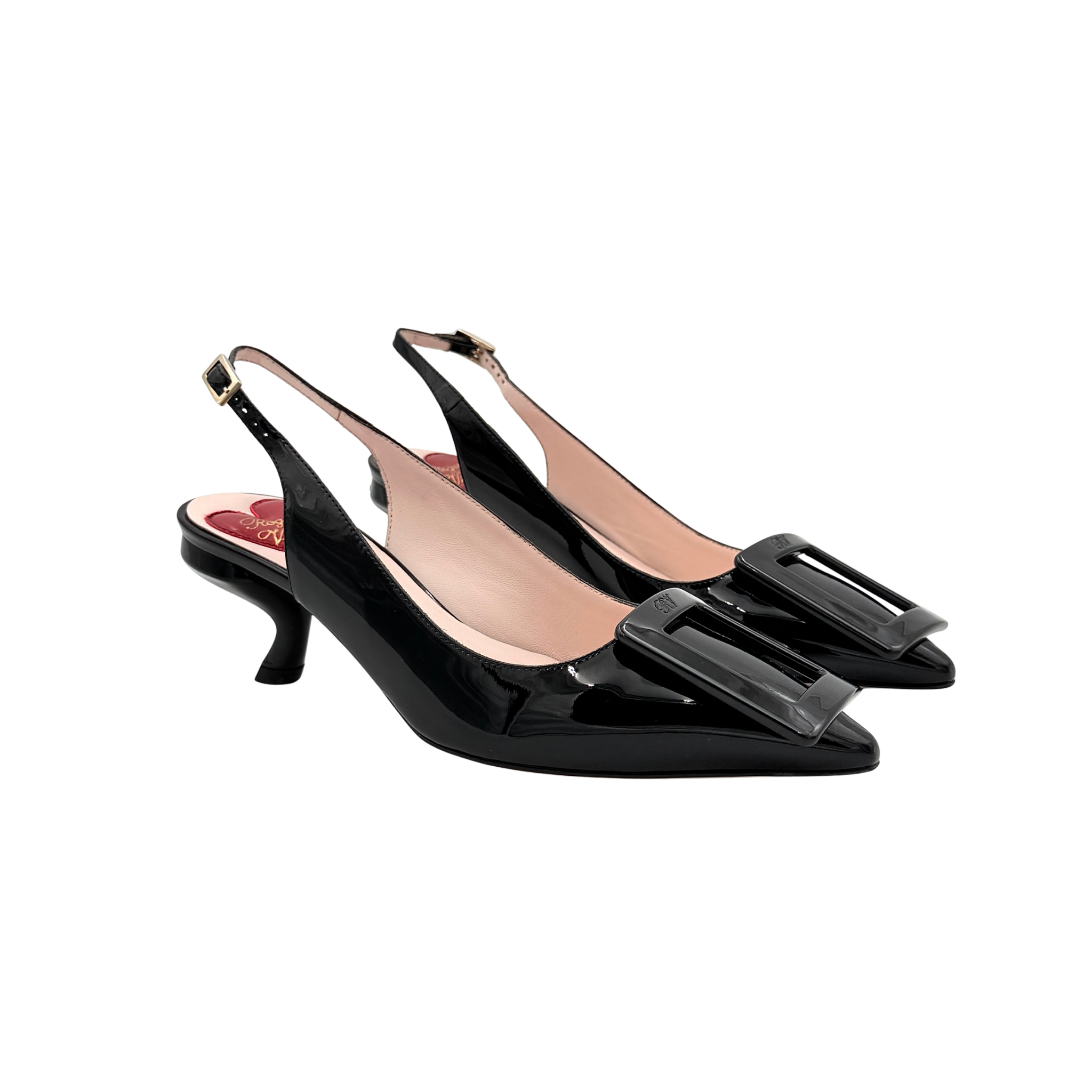 A pair of Roger Vivier Virgule black patent slingback pumps featuring a sculpted heel and oversized buckle at the toe.