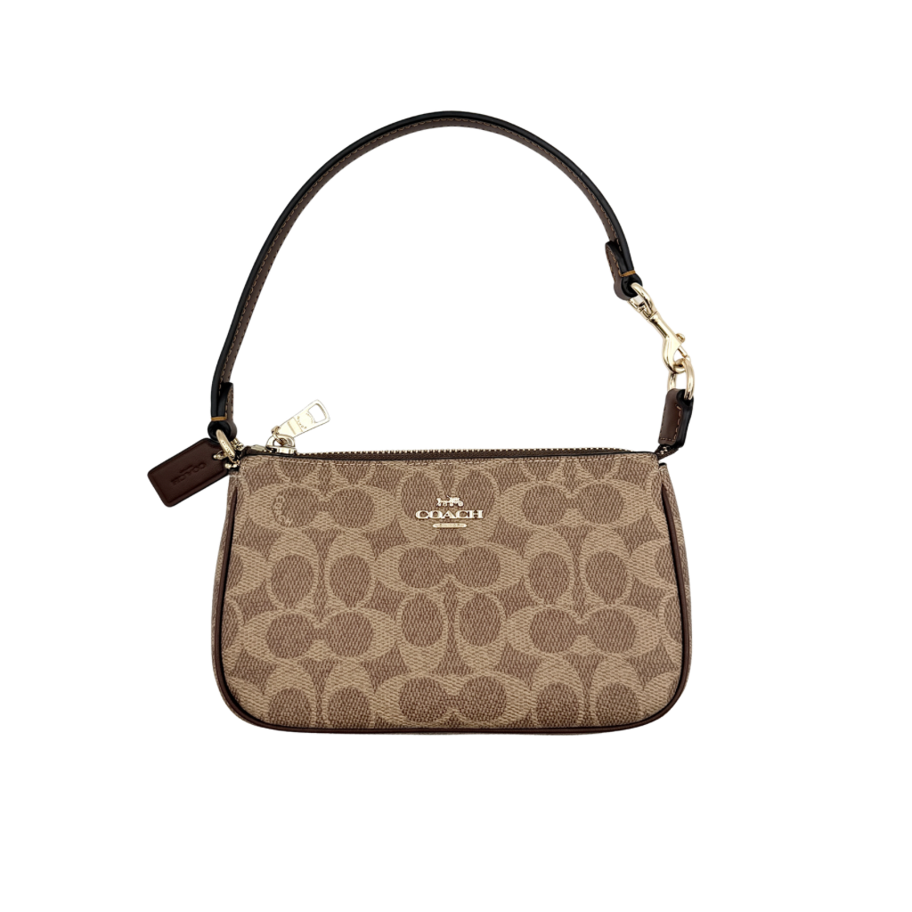 Coach Signature Nolita 19 Shoulder Bag in beige and brown canvas with gold tone hardware and detachable leather strap.