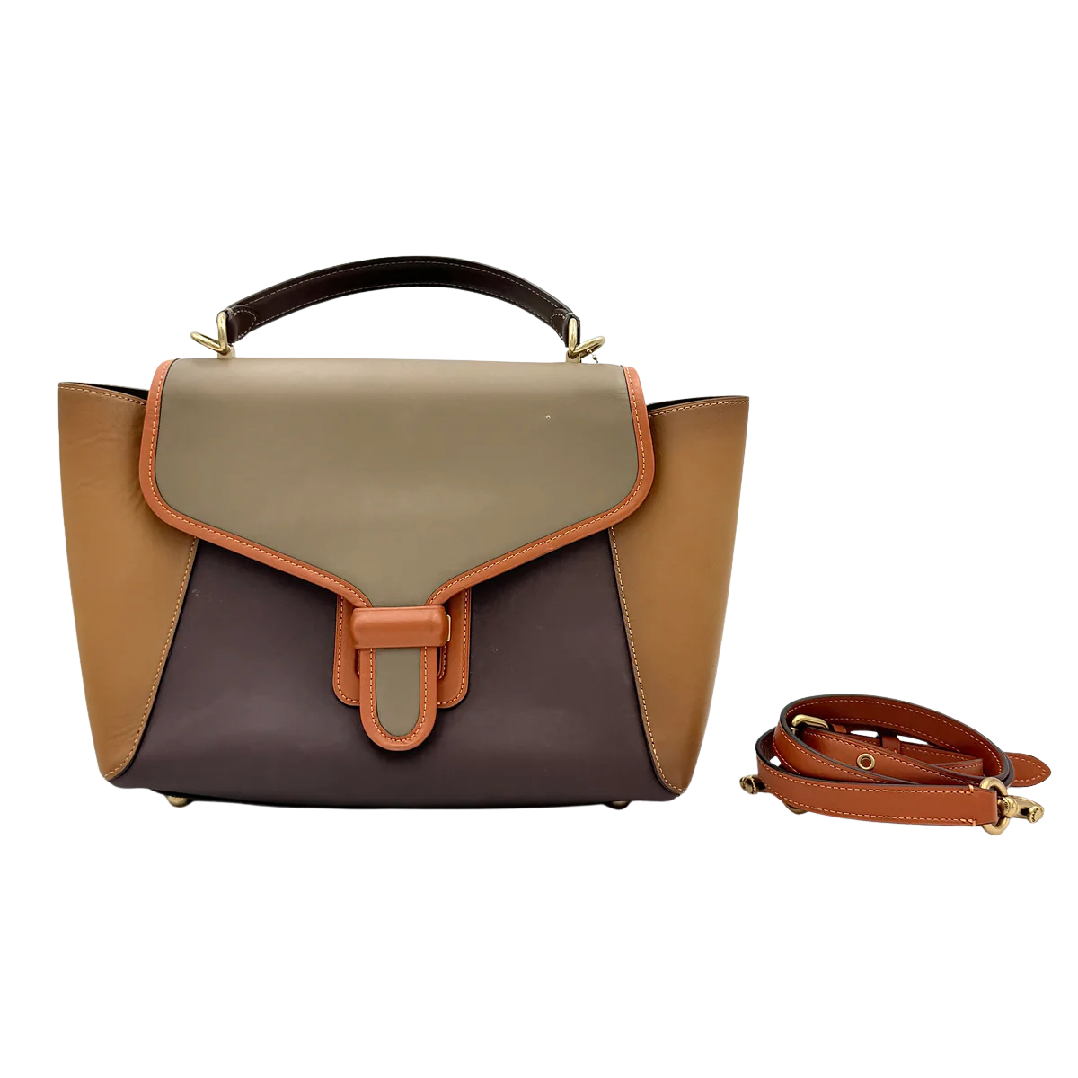 Coach 2Way Courier Carryall in brown and olive green colorblock leather with a structured silhouette, top handle, and detachable strap.