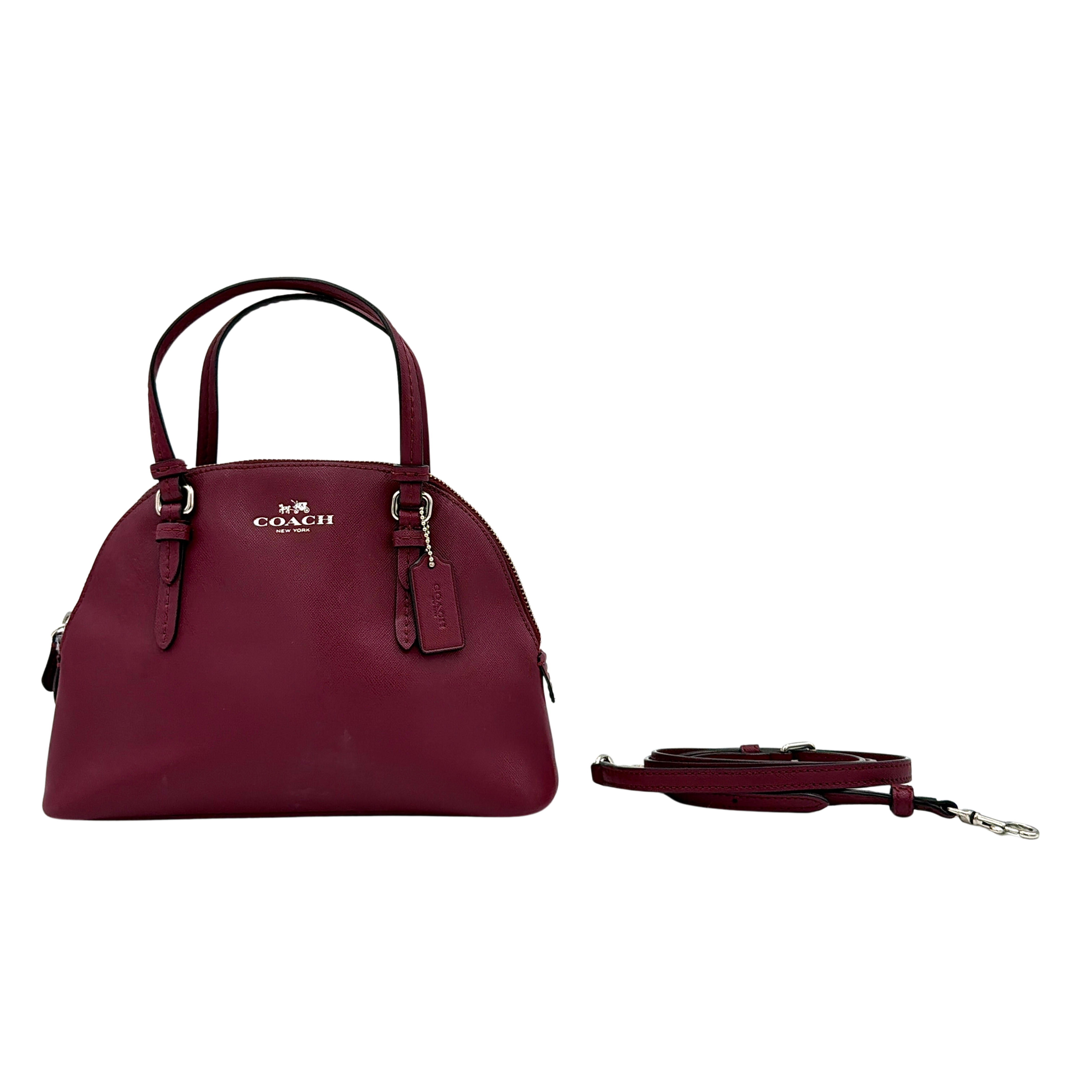 Coach Peyton satchel in burgundy crossgrain leather with silver hardware, shown with its detachable shoulder strap.