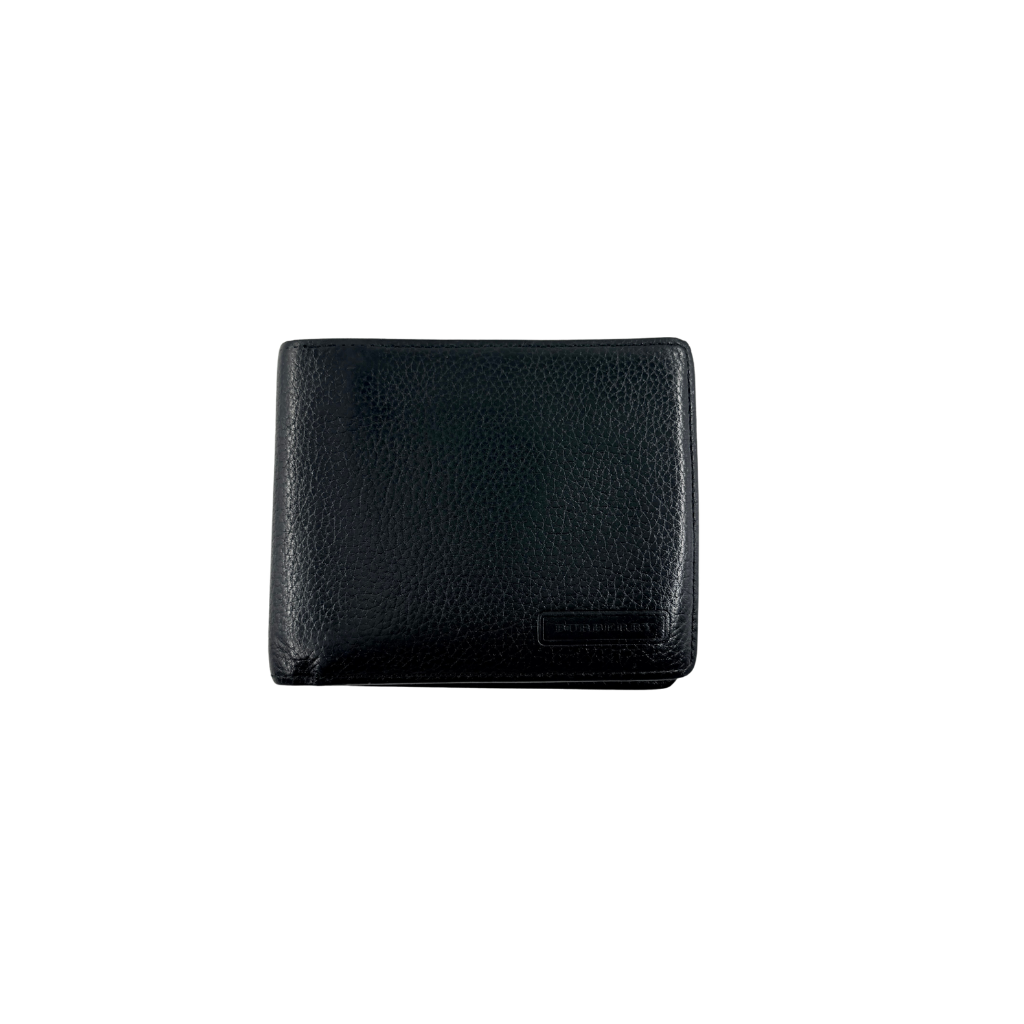 Burberry Nova Check bifold wallet in refined black grained leather with discreet embossed logo, presenting a minimal and polished silhouette.