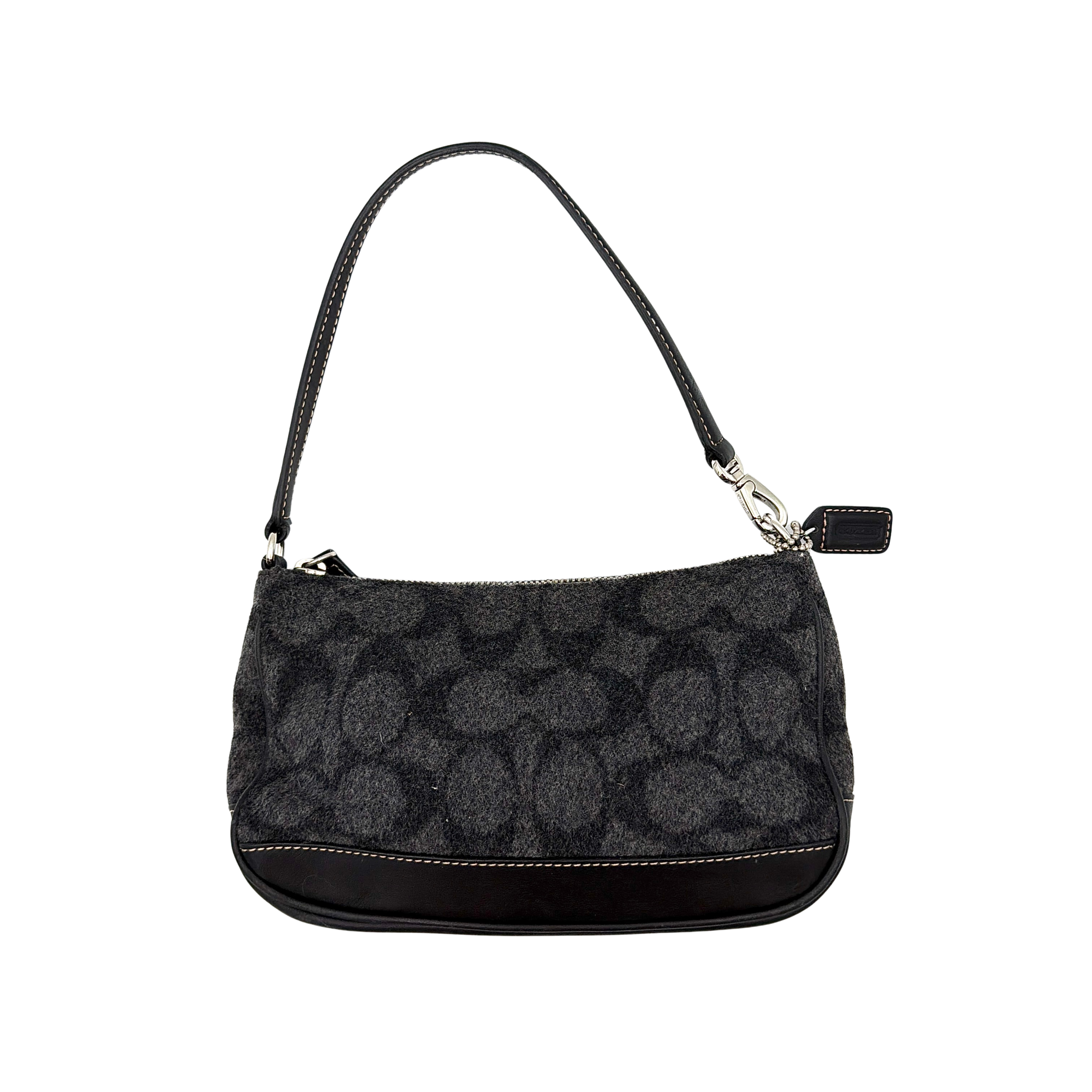 Coach Y2K Wool Demi Shoulder Bag in black and grey with monogram pattern, leather trim, and silver-tone details.