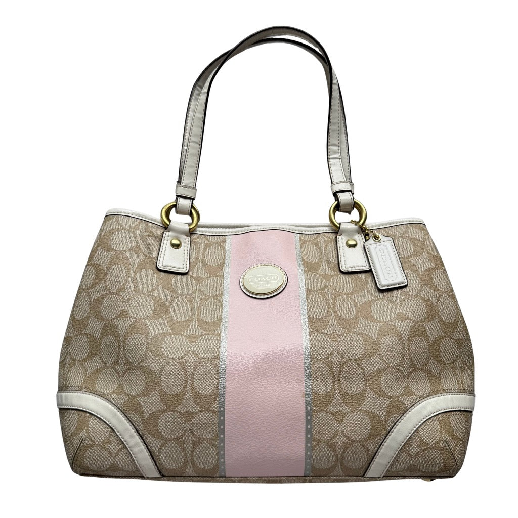 Coach Signature Heritage Stripe Tote Bag Pink/Beige