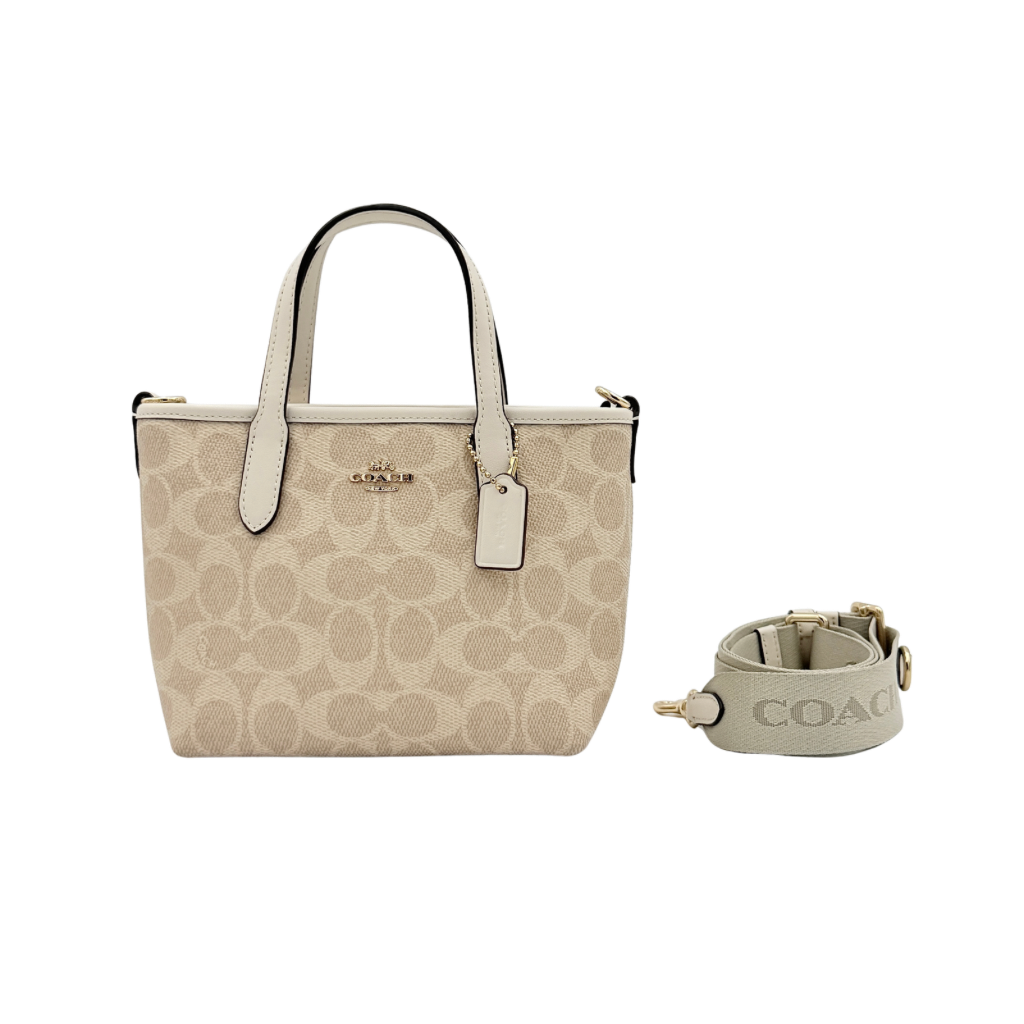 Coach 2Way Mini City Tote in beige and white with signature jacquard, shown with detachable logo canvas strap.