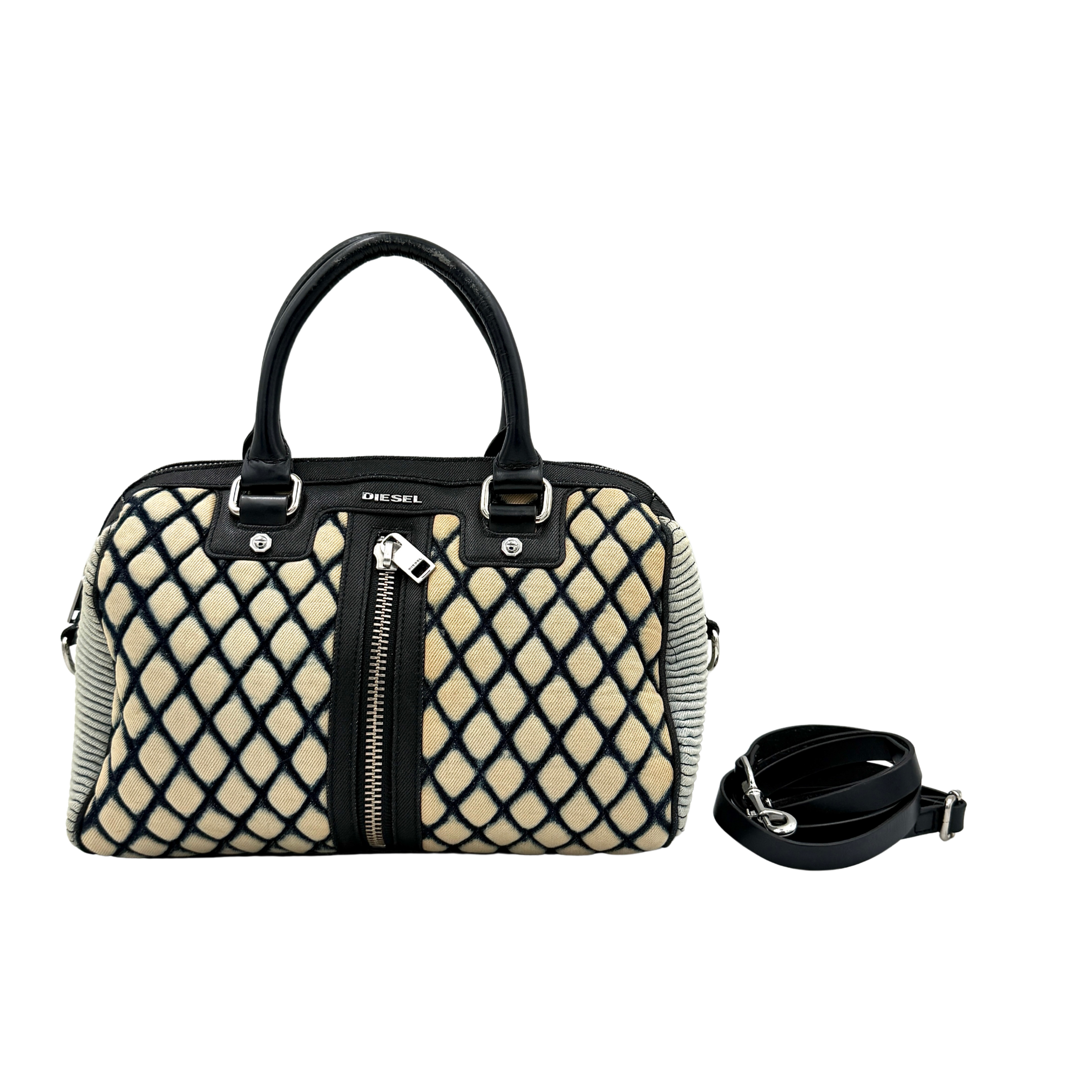 Diesel 2Way Boston Handbag in cream canvas with black velvet-effect lattice, dual leather handles, and detachable strap displayed in front.