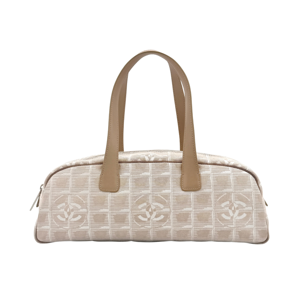 Chanel Travel Mini Boston Bag in beige nylon with CC motif and tan leather handles, shown in front view.