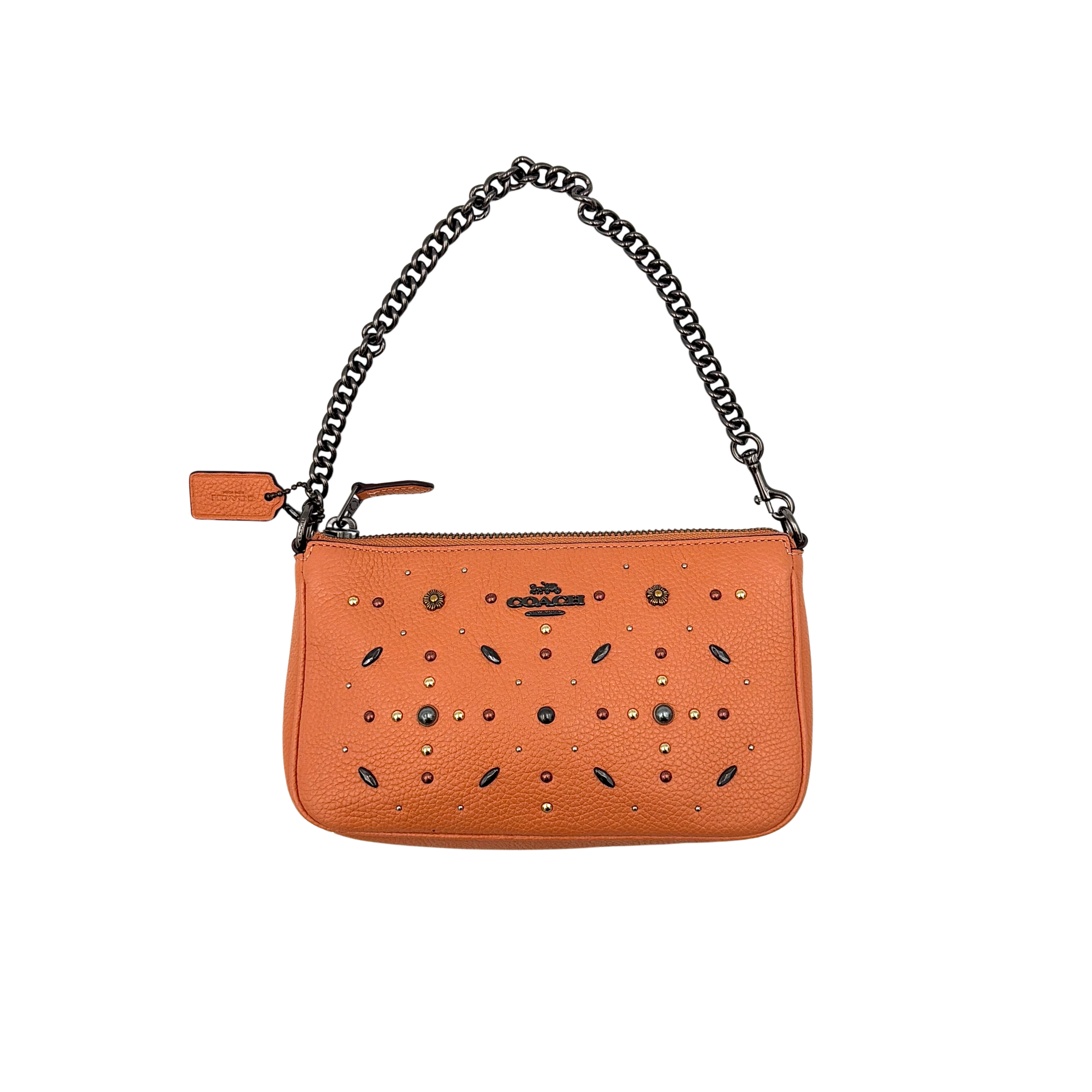 Coach Nolita 19 Prairie Rivets Shoulder Bag in bold orange pebbled leather with mixed metal rivet embellishments and chunky chain strap.