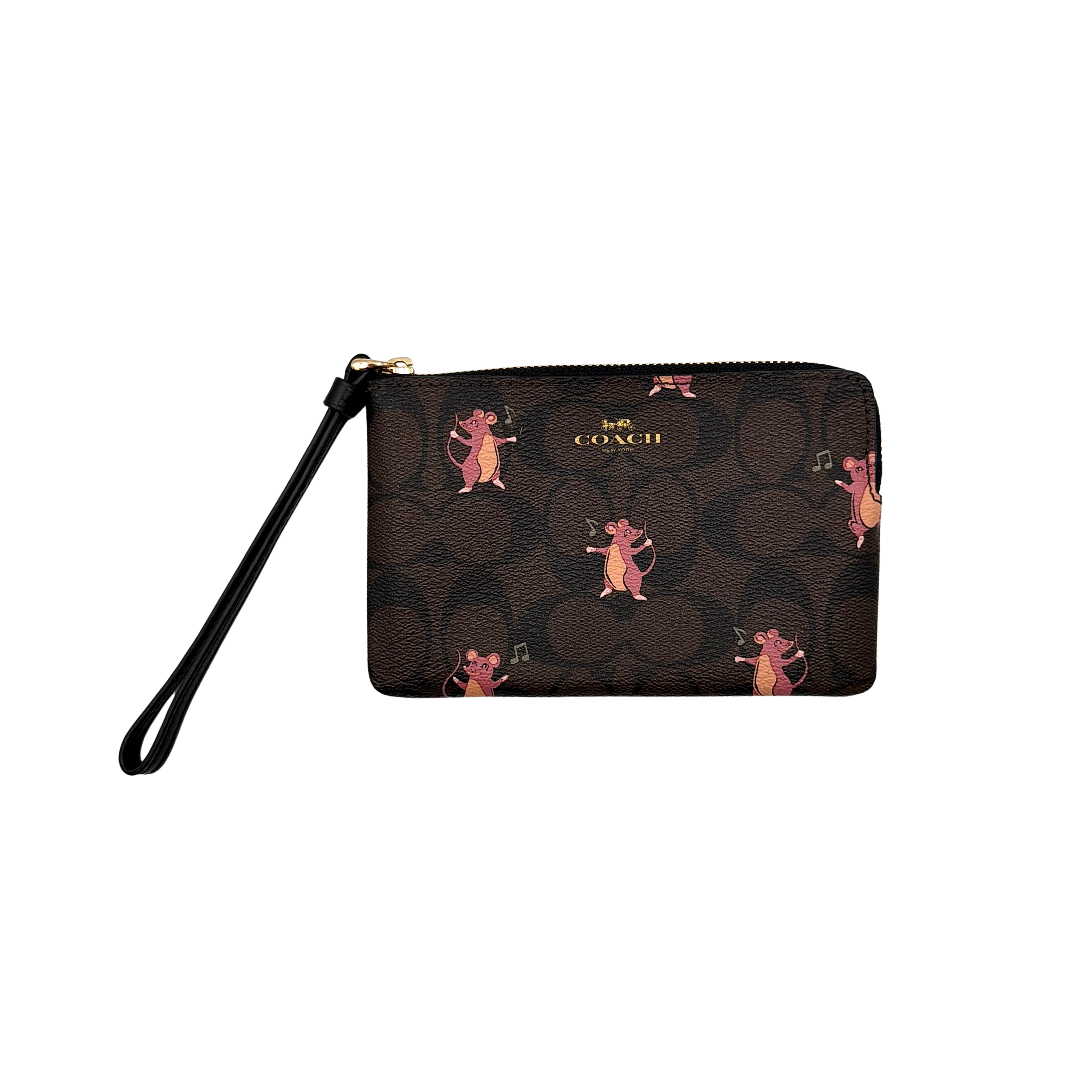 Coach Party Mouse Corner Zip Wristlet in brown canvas, featuring playful pink mouse illustrations and a black leather wrist strap.