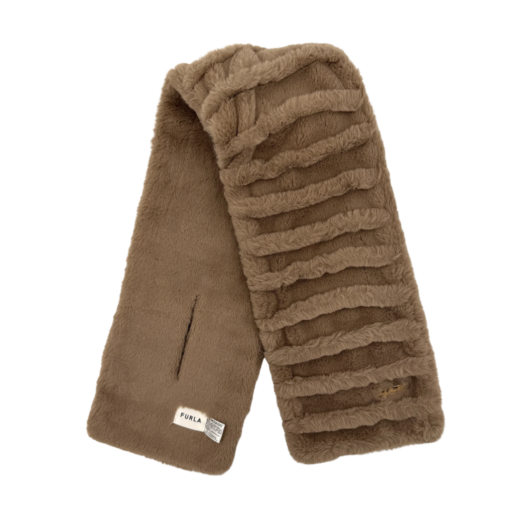 Furla brown faux fur scarf with sculpted ridge texture, gold logo plaque, and slit opening for effortless styling.