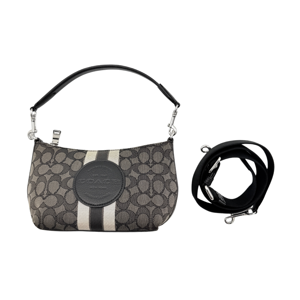The Coach 2Way Signature Dempsey Stripe Shoulder Bag in black and grey canvas with detachable straps, shown flat on a white background.