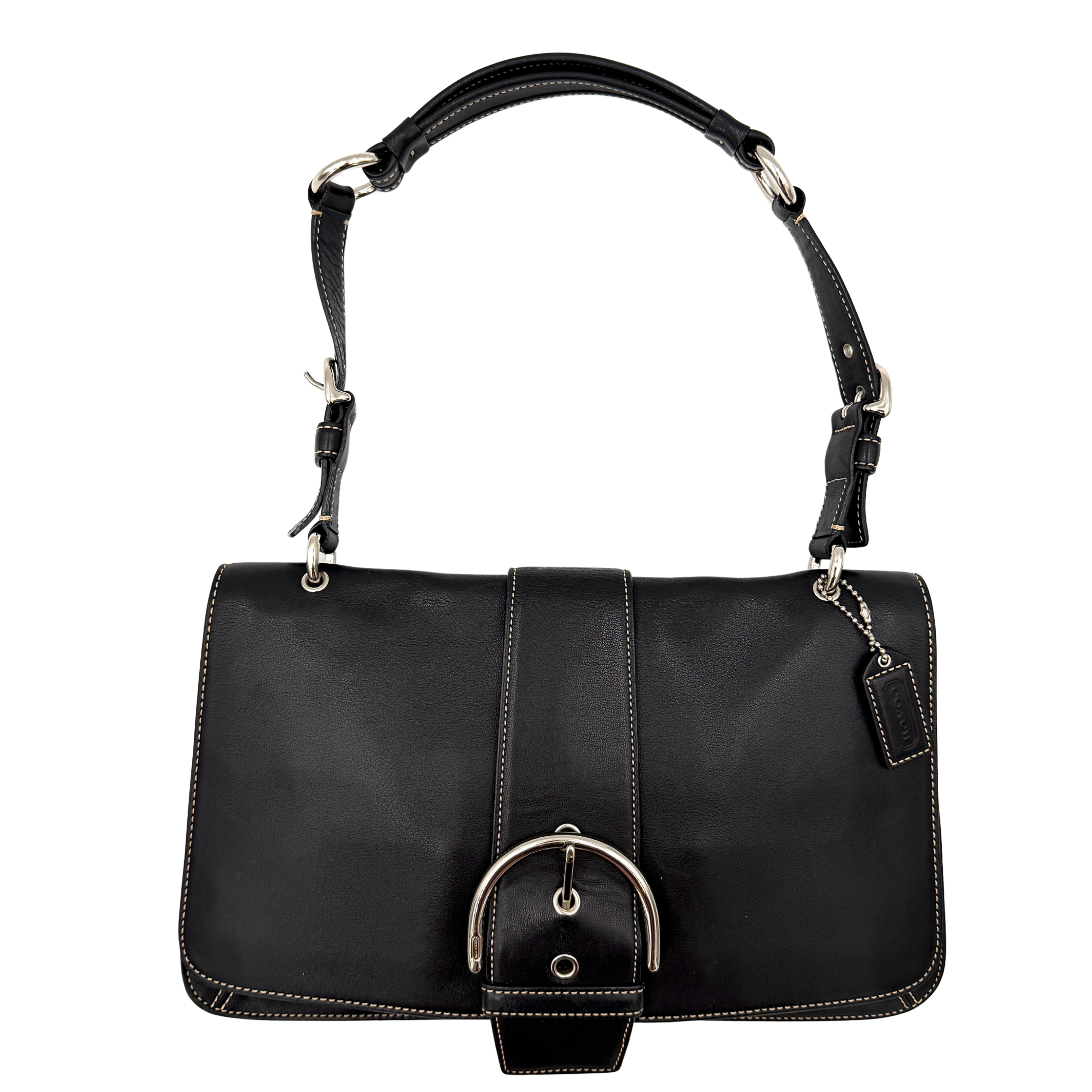 Coach Y2K Soho Buckle Shoulder Bag in smooth black leather with contrast stitching and a bold silver horseshoe buckle.