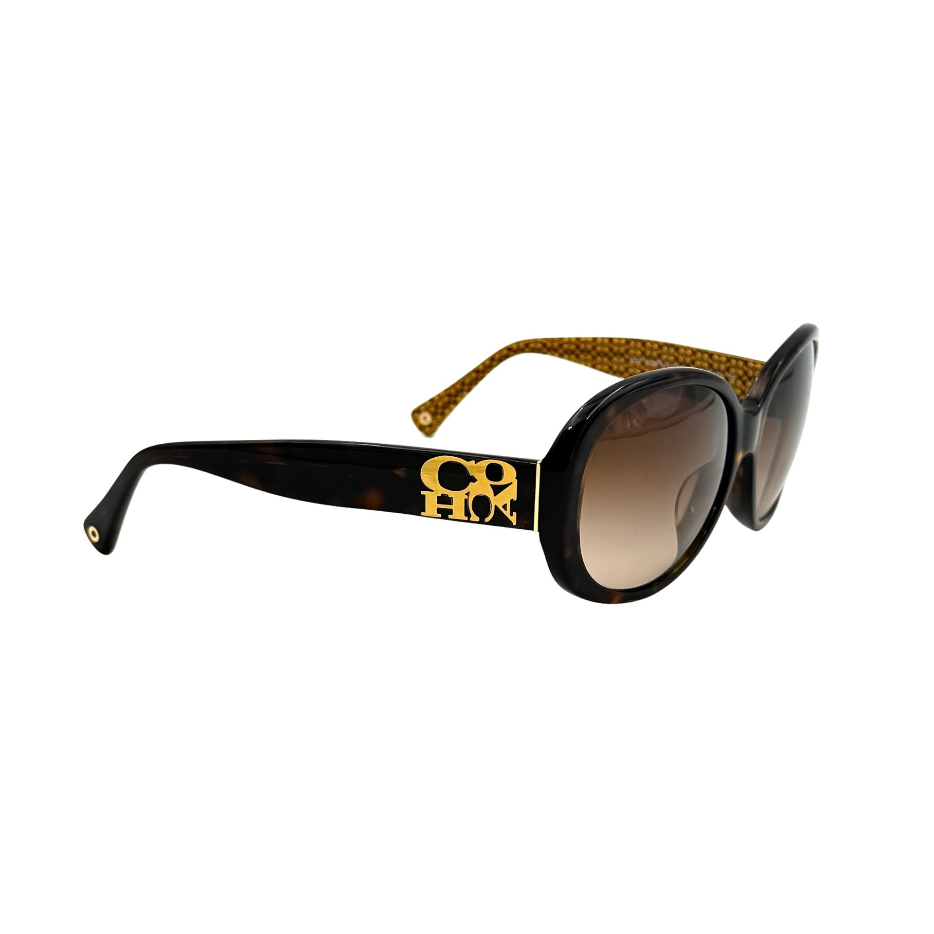 Coach HC8038F sunglasses in dark tortoise acetate with oversized oval frames and gold logo detail on the temple.