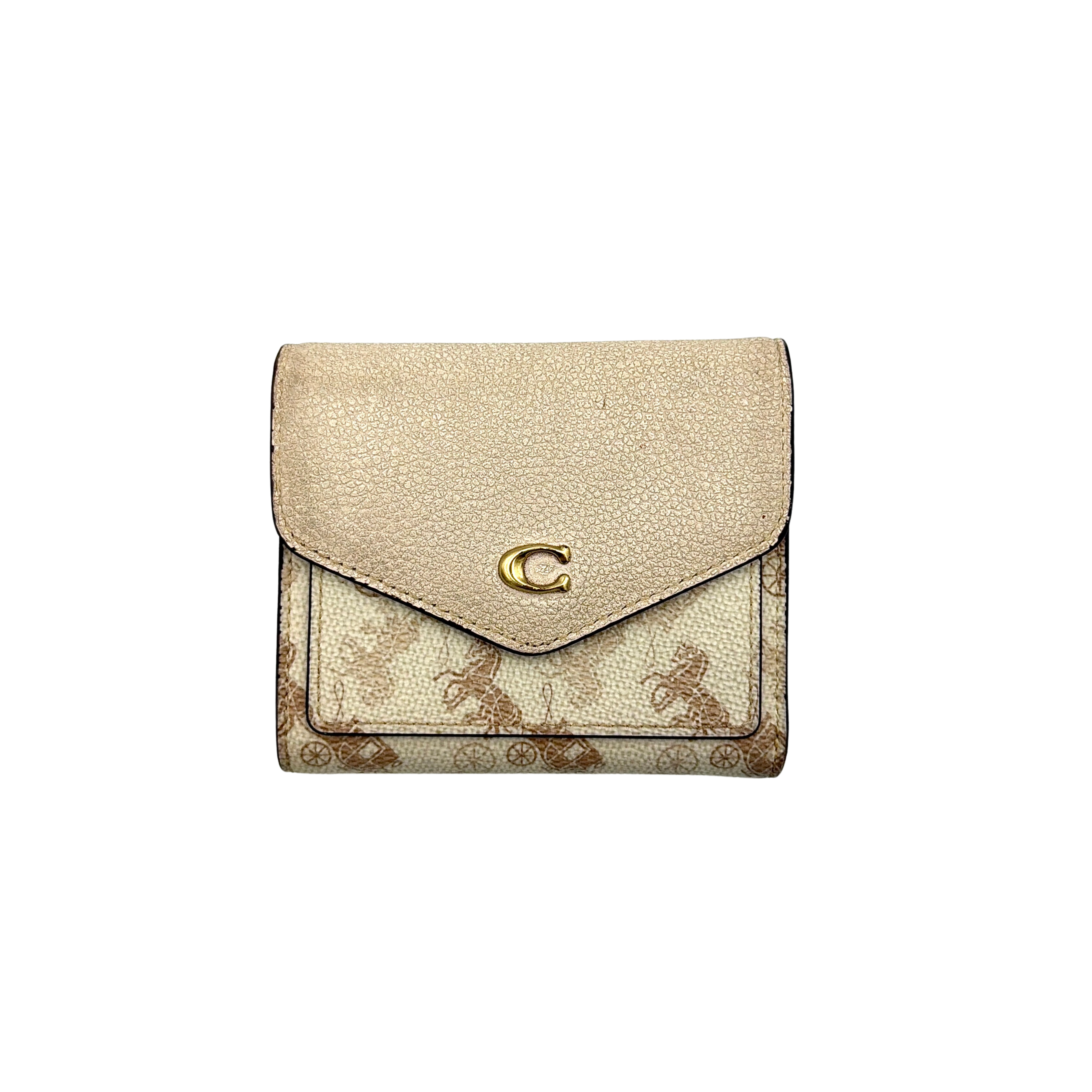 Coach Wyn Horse & Carriage Small Wallet in cream with gold hardware, featuring an envelope flap and iconic horse and carriage motif.