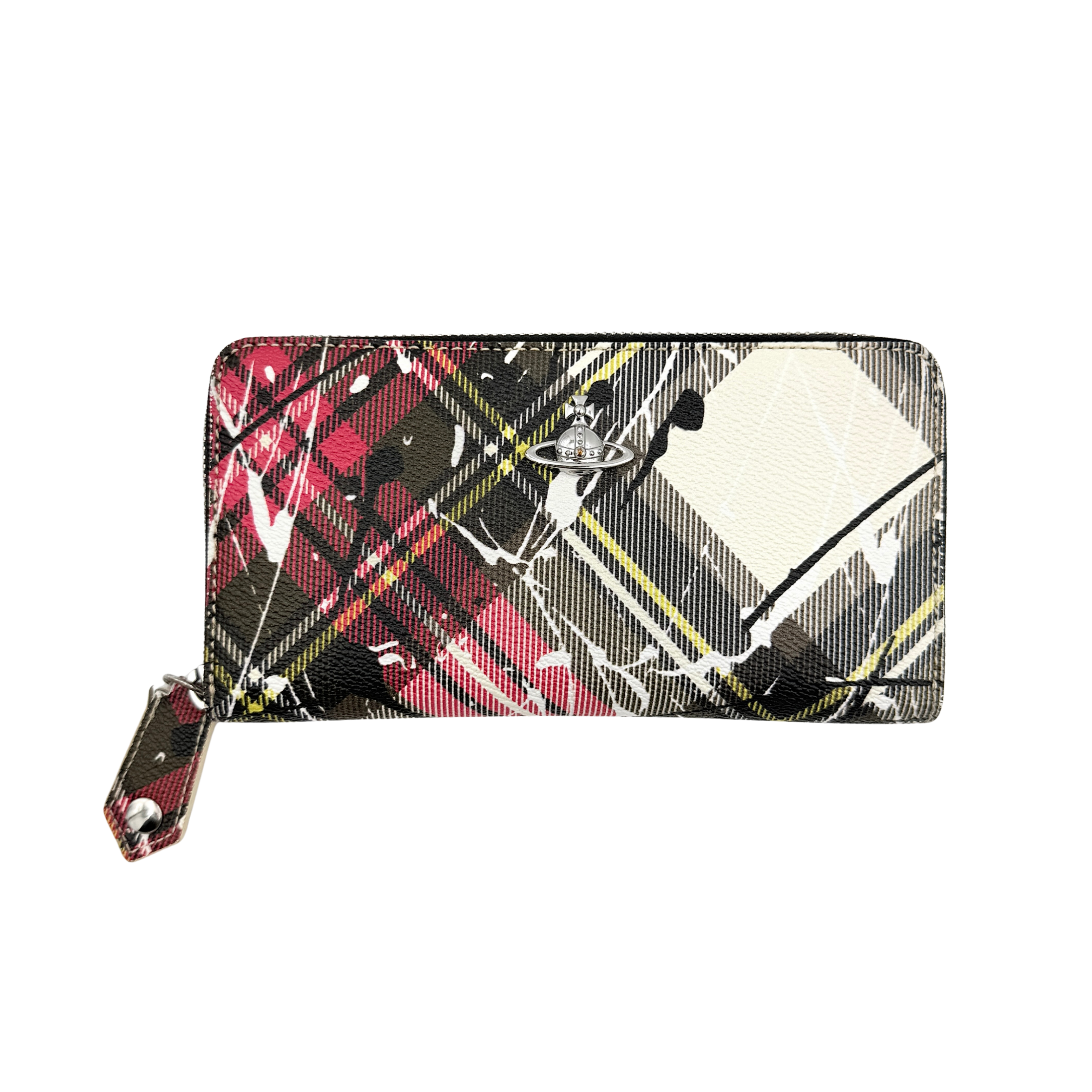 Vivienne Westwood Orb Paint Splash Tartan Wallet in multicolor tartan, featuring signature paint effect and silver Orb hardware.