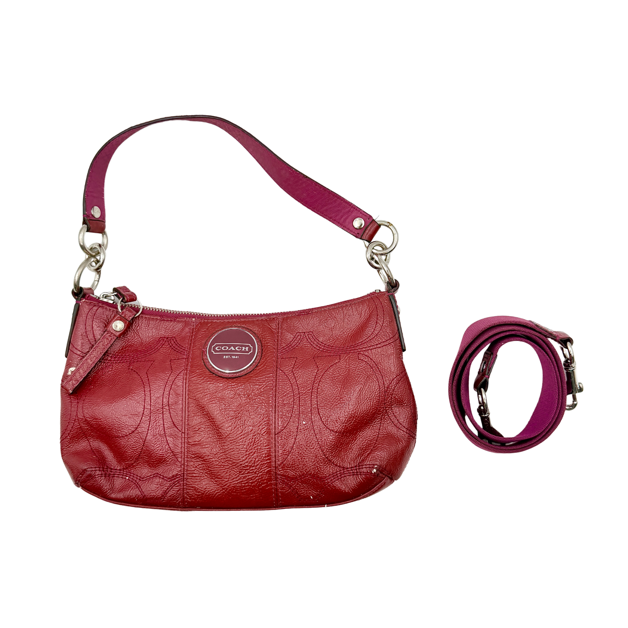 Coach 2Way Signature Stripe Shoulder Bag in red leather with detachable strap, shown against a white background.