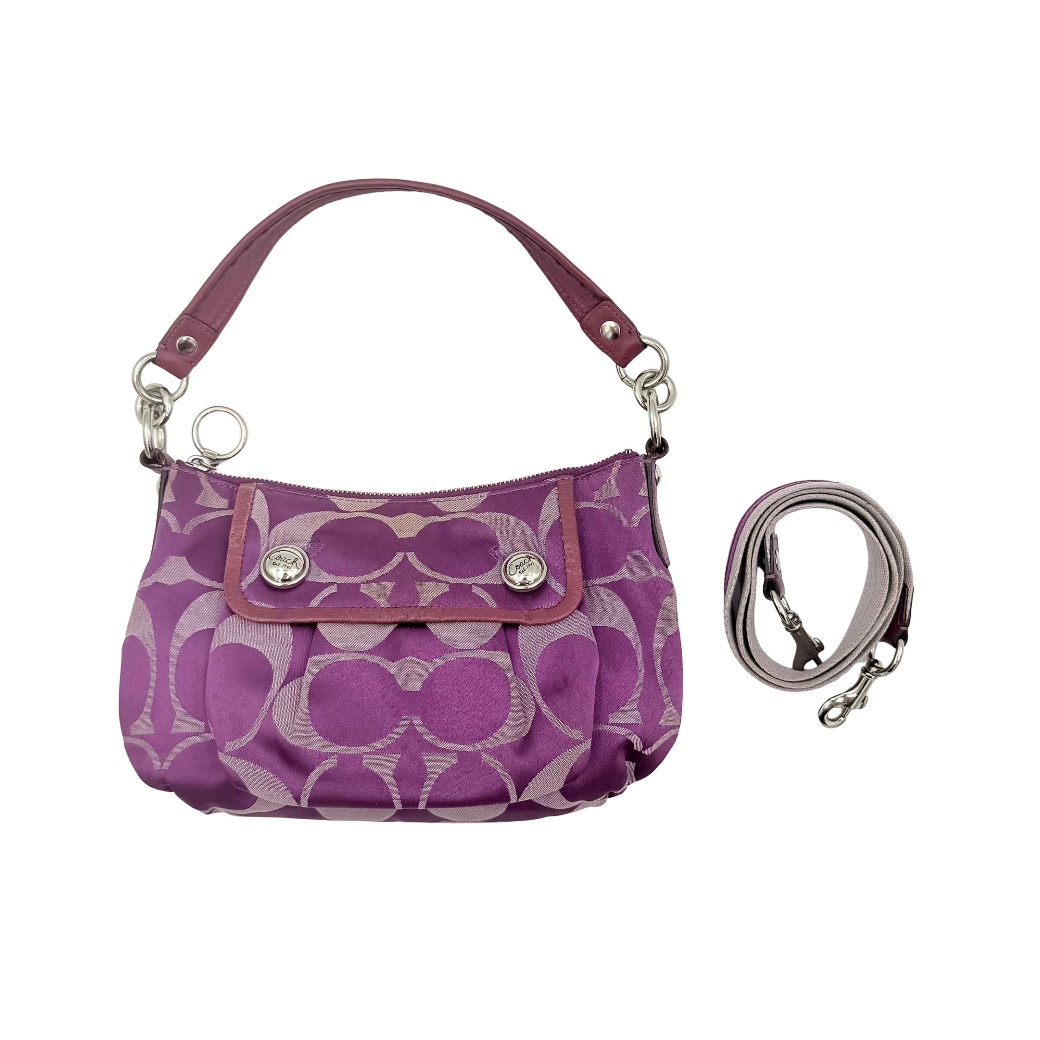 Coach 2Way Signature Shoulder Bag in purple canvas with detachable strap and top handle.