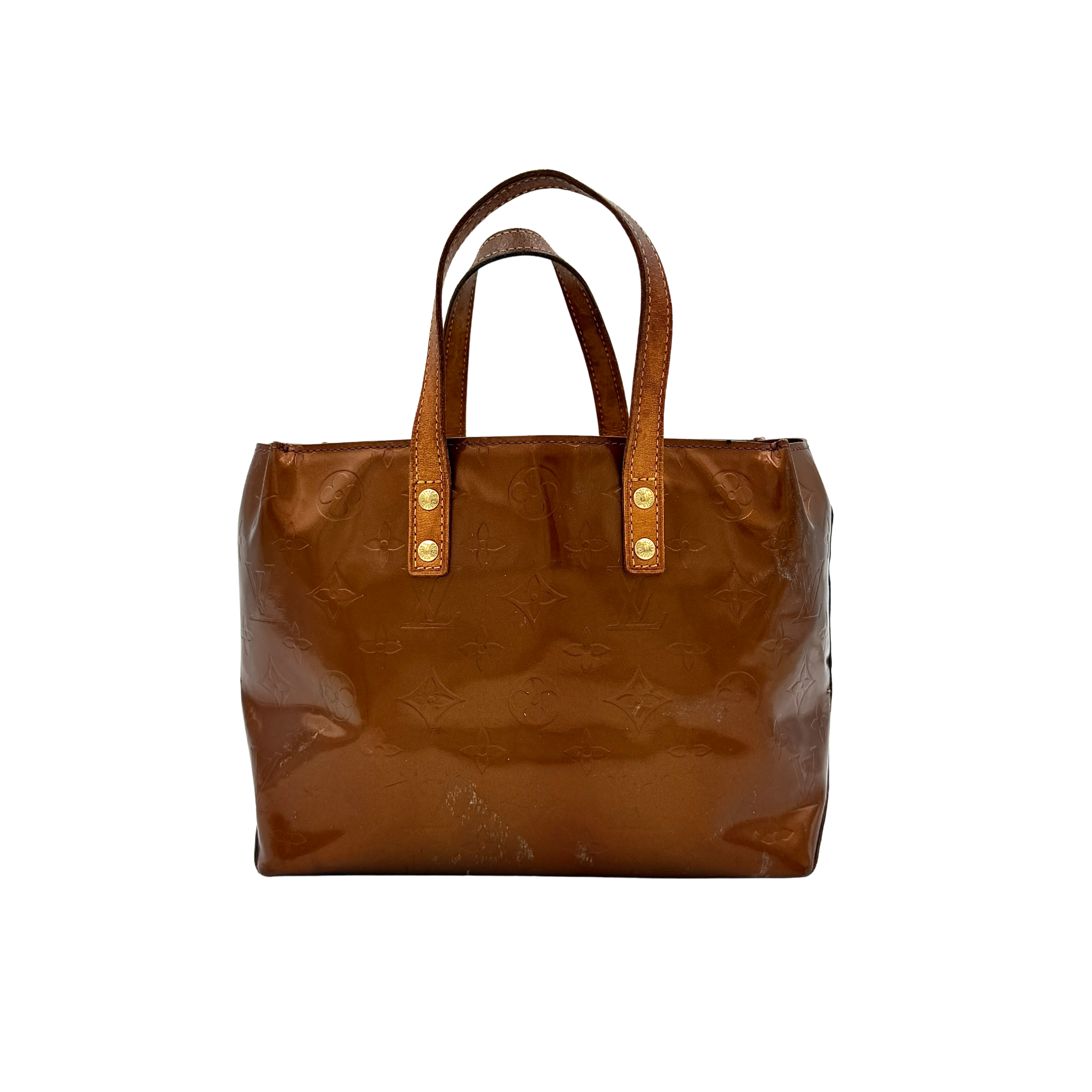 Louis Vuitton PM Vernis Reade Shoulder Bag in glossy bronze patent leather with monogram embossing and structured silhouette.