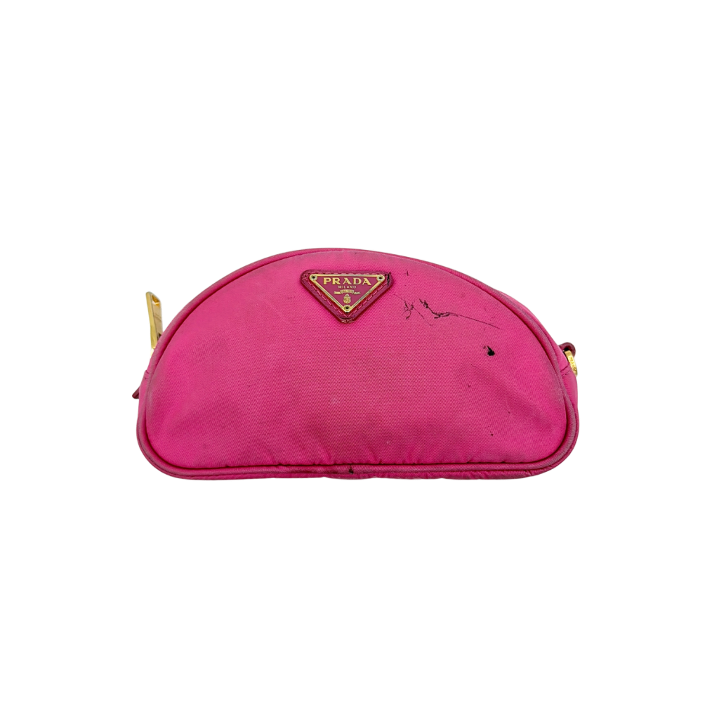 Prada Tessuto Nylon Pouch in vibrant pink with gold-tone hardware and triangle logo, showing visible wear on the exterior.