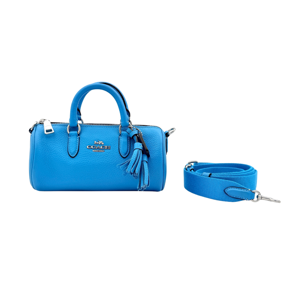 Coach 2Way Lacey Mini Boston Bag in blue pebbled leather with silver hardware and detachable strap, displayed against a clean background.