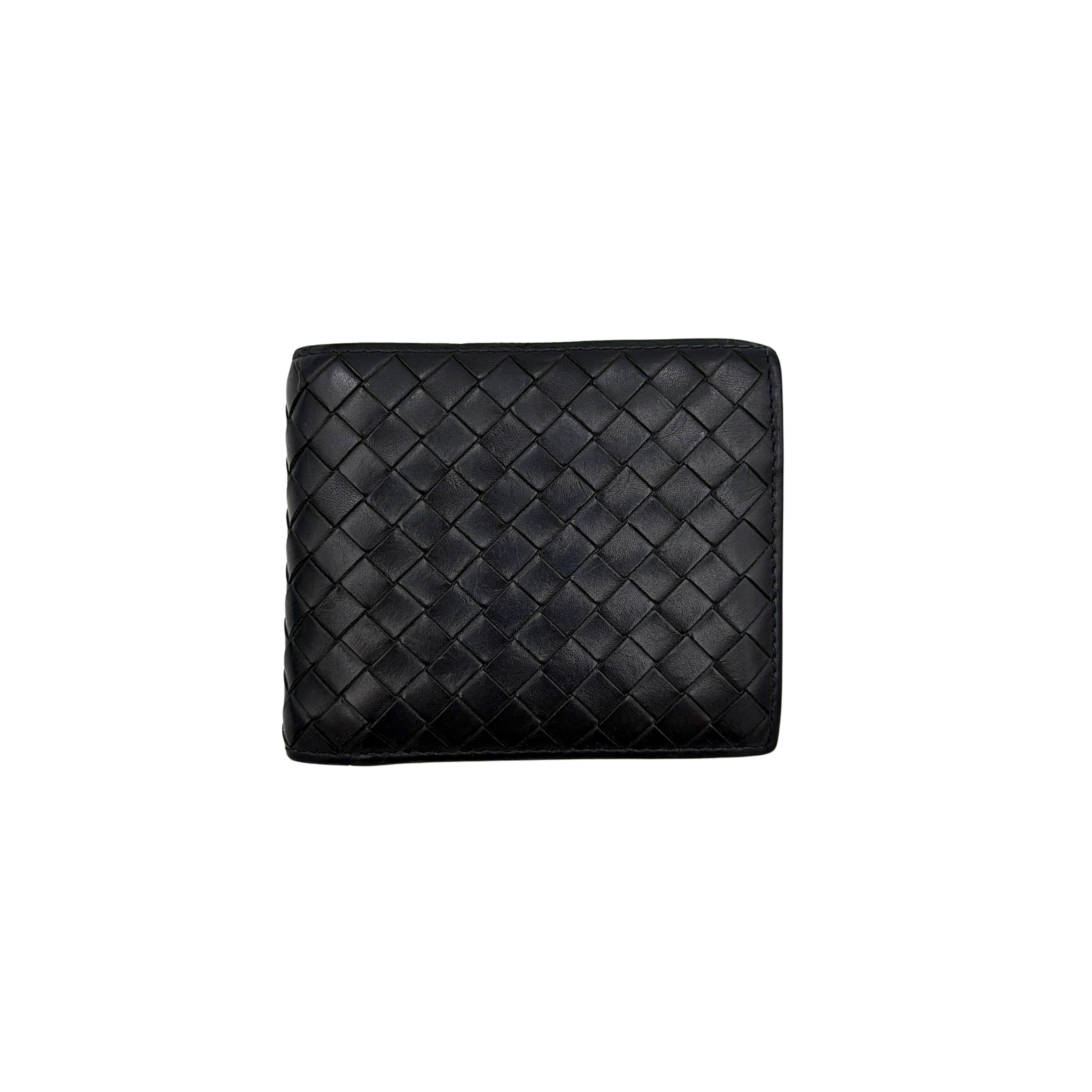 Black Bottega Veneta Intrecciato leather wallet with signature woven pattern photographed against a clean background.