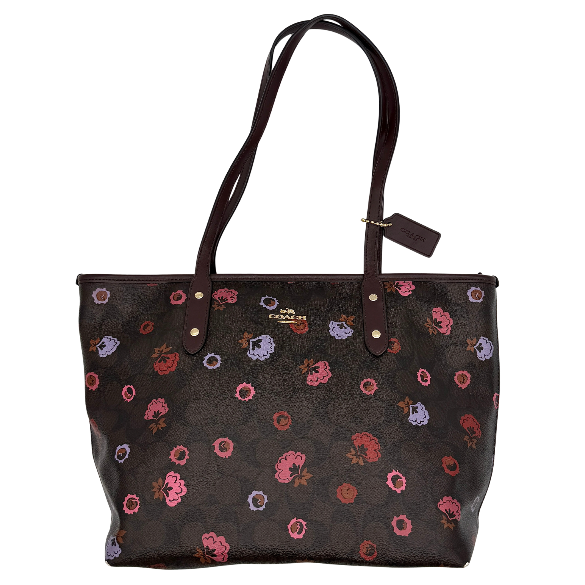 Coach Signature Floral Print City Tote Bag Brown