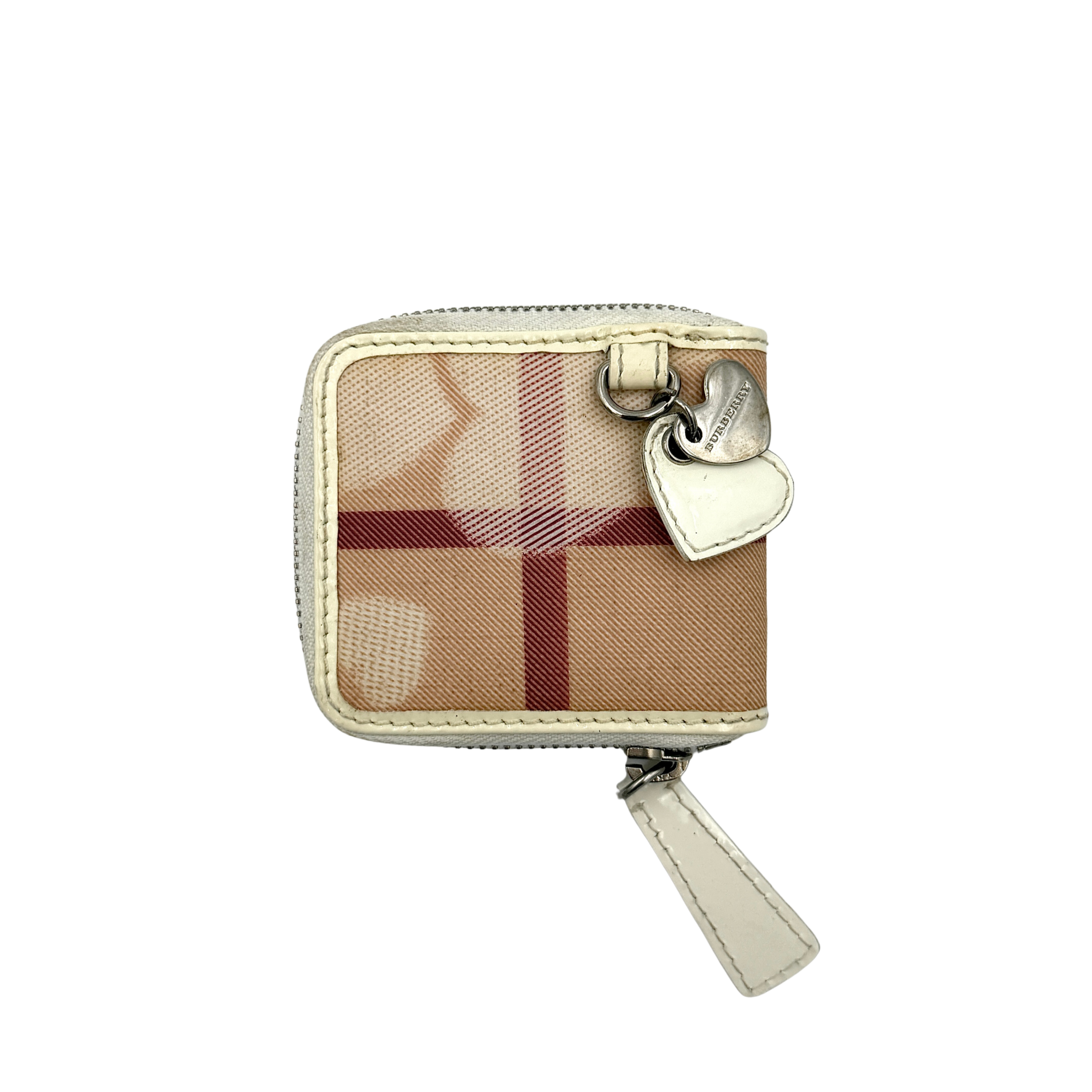 Burberry Heart Nova Check coin case in beige canvas with ivory leather trim and heart charms on the zipper pull.