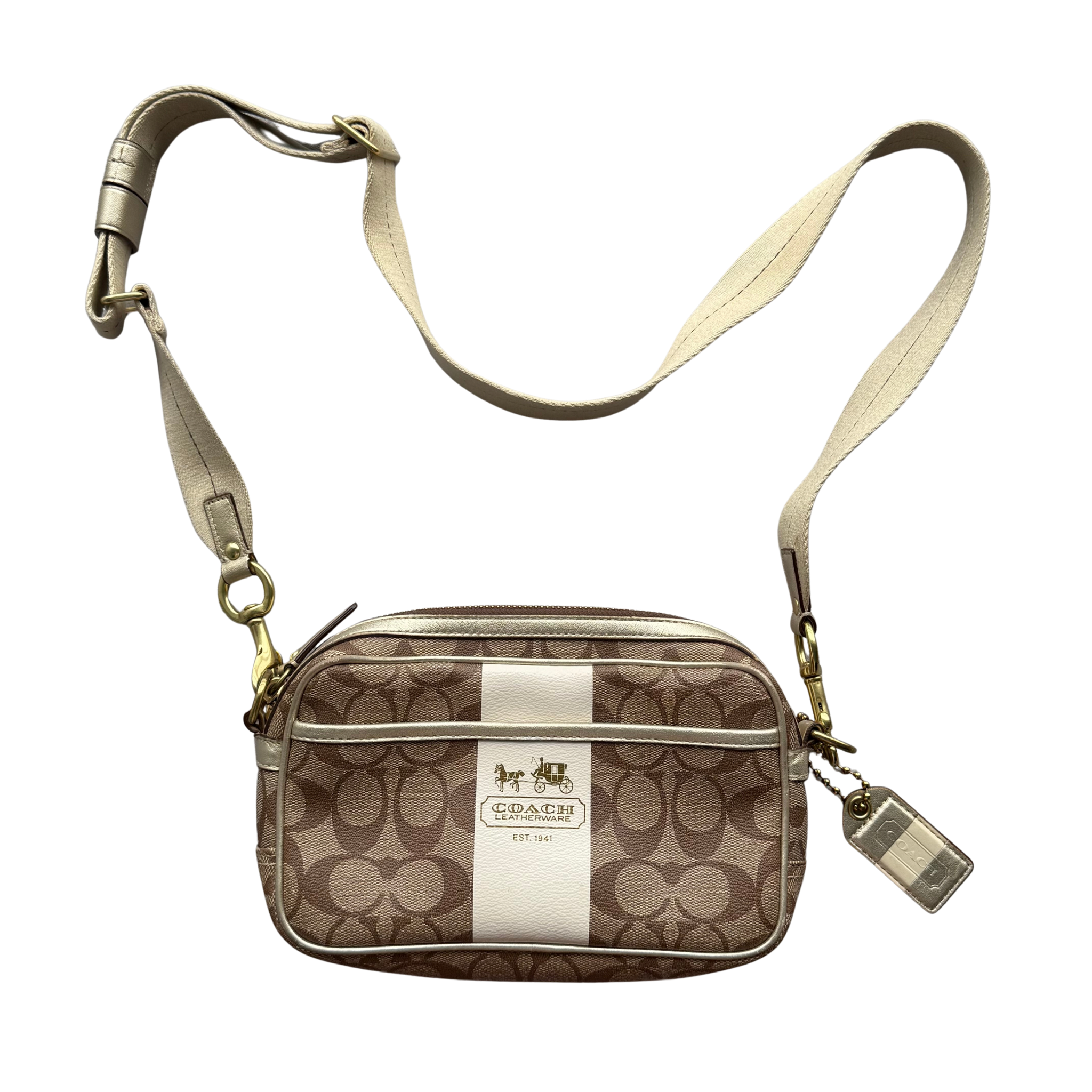 Coach Signature Stripe Jaime Crossbody Bag Beige/White