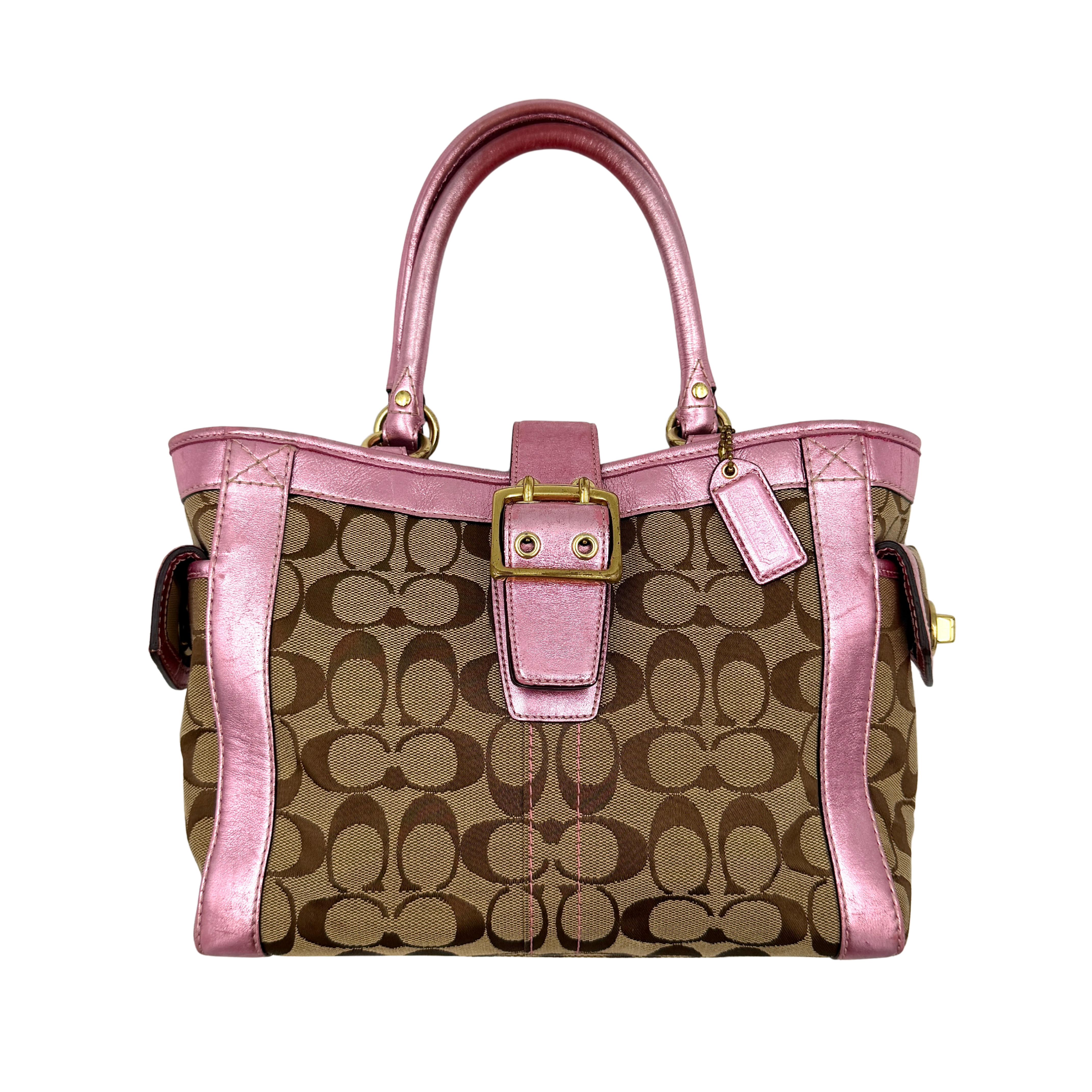 Coach Soho Buckle Tote featuring baby pink metallic leather trim and beige signature jacquard canvas with gold-tone hardware.