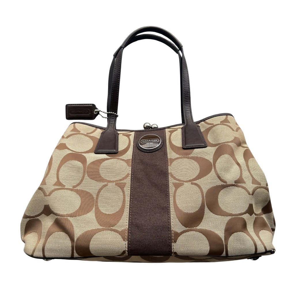Coach Signature Stripe Kisslock Tote Bag Brown/Beige