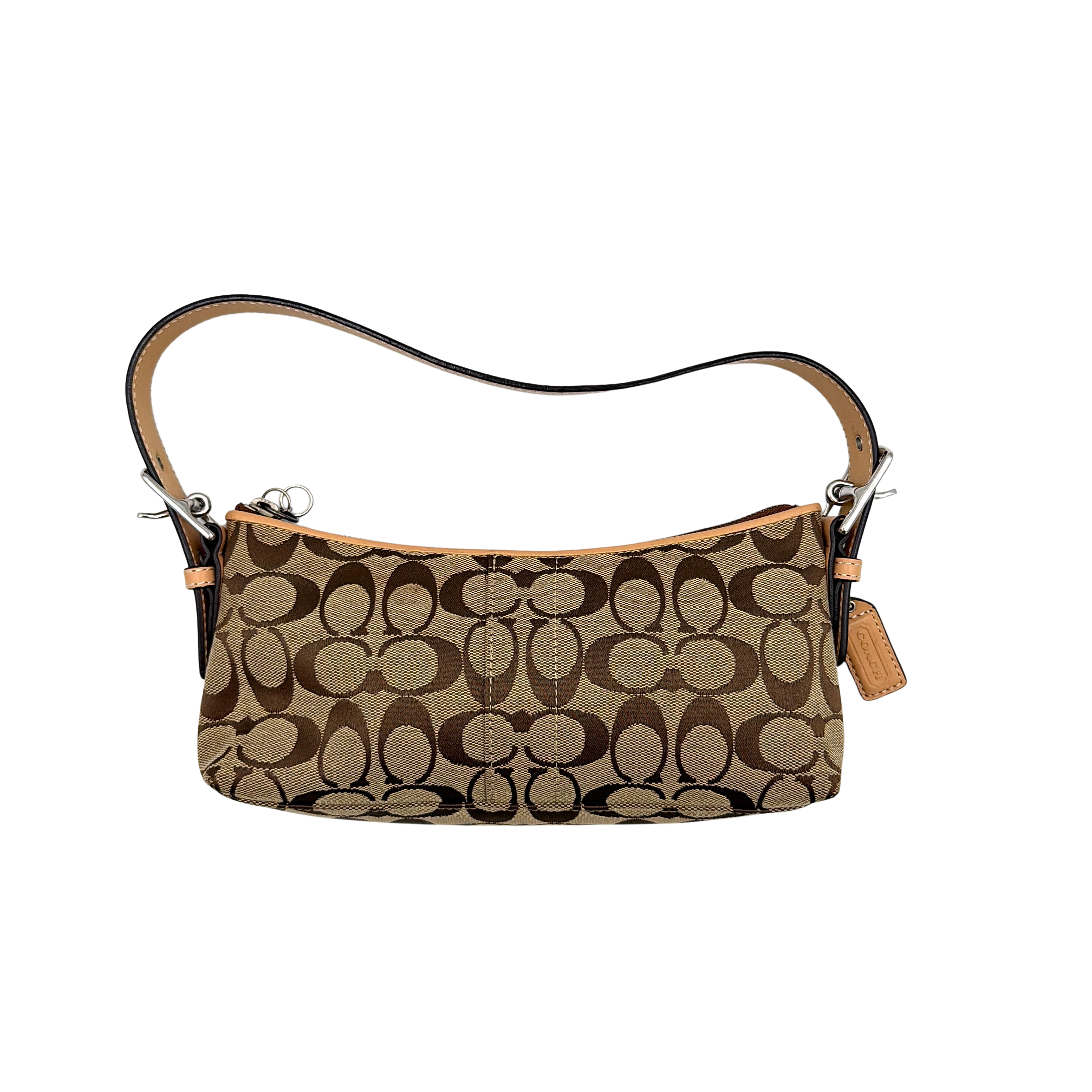Coach Hamptons Demi Baguette shoulder bag in beige monogram canvas with tan leather trim and silver hardware.