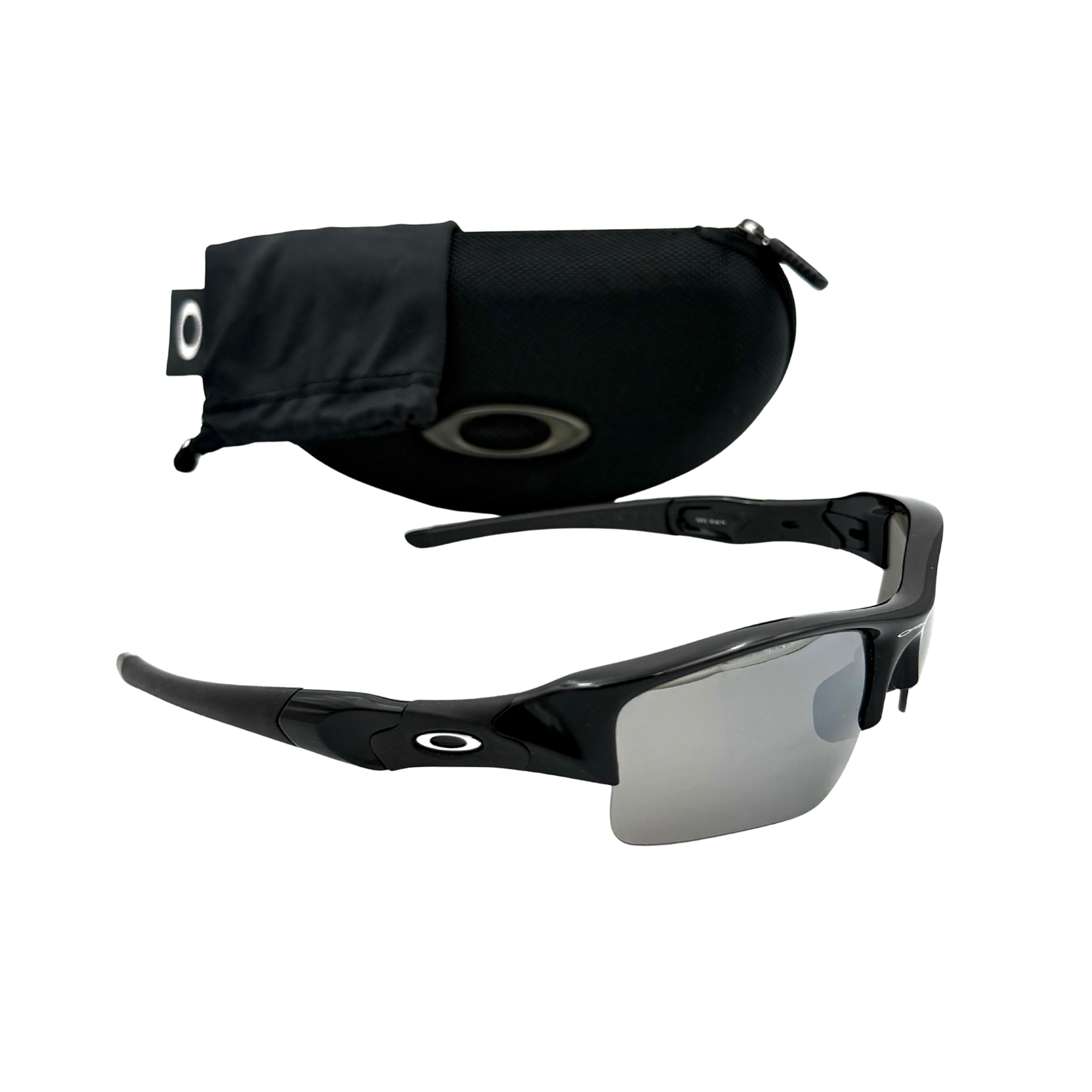 Oakley FLAK Jacket 03-915 sunglasses in black with grey lenses, shown with original zip case.