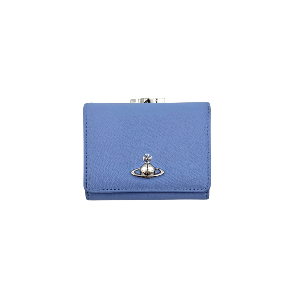 A baby blue leather Vivienne Westwood wallet with silver Orb logo and structured silhouette, photographed against a clean background.