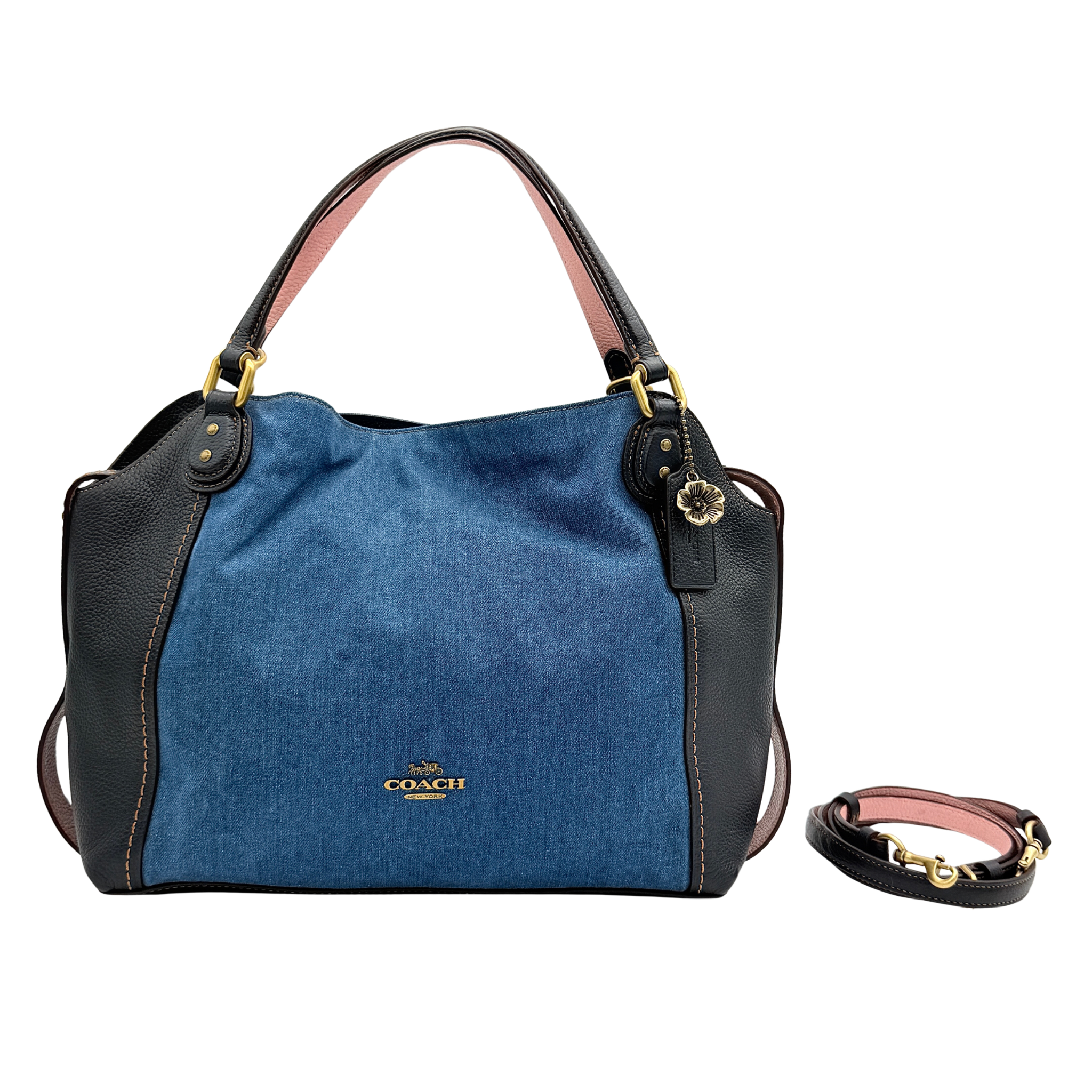 Coach 2Way Edie Denim Shoulder Bag Navy Blue/Pink