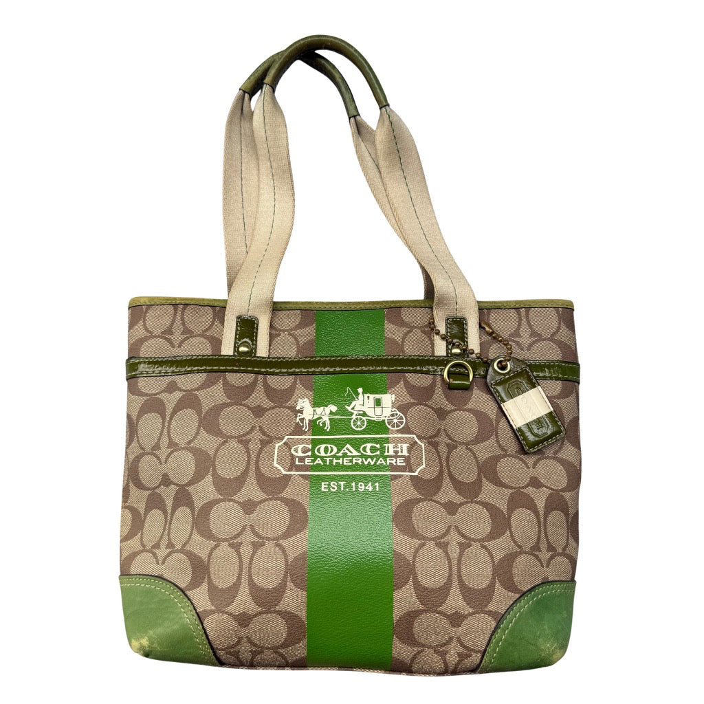 Coach Signature Heritage Stripe Tote Bag Beige/Green