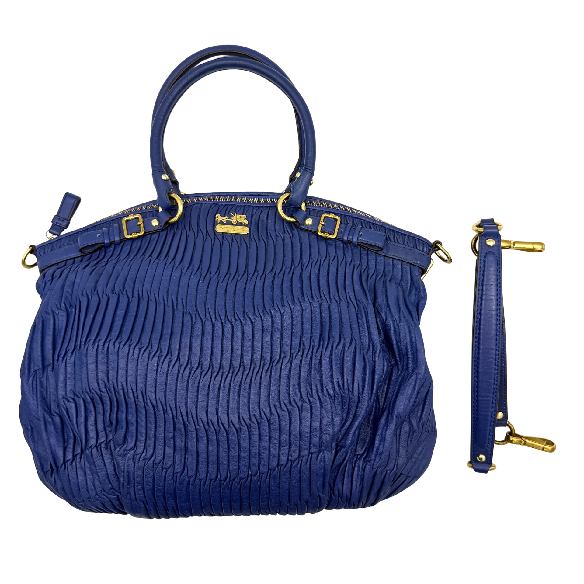Coach Madison Shoulder Bag in gathered blue leather with gold-tone hardware and removable shoulder strap displayed against a white backdrop.