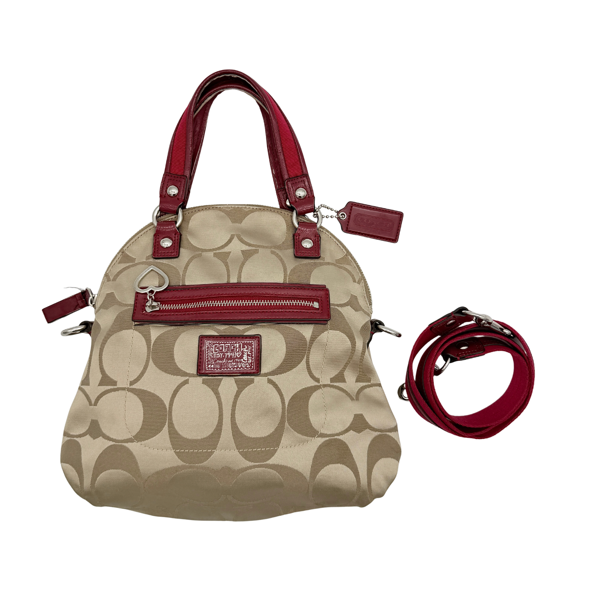 Coach 2Way Signature Poppy Satchel Handbag Beige/Red
