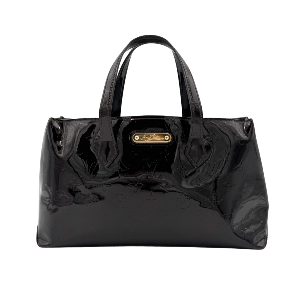 Louis Vuitton Monogram Rosewood Avenue Vernis Shoulder Bag in dark purple Vernis leather with gold-tone hardware, shown upright against a neutral backdrop.