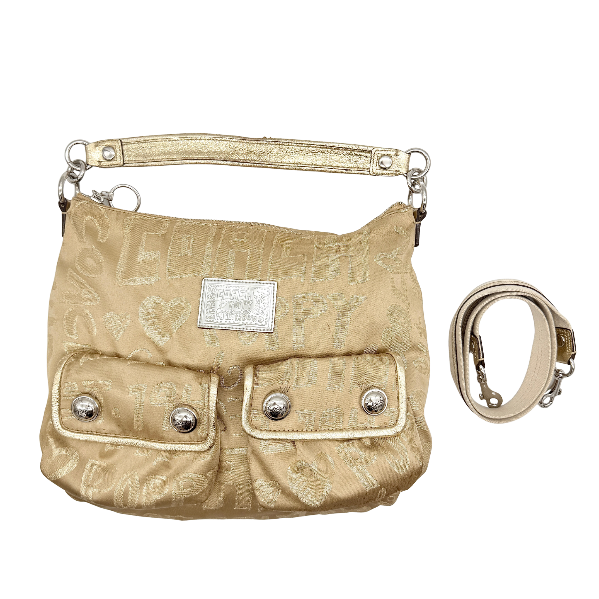 Coach Signature Poppy Pocket Hobo Sateen Shoulder Bag Beige/Gold