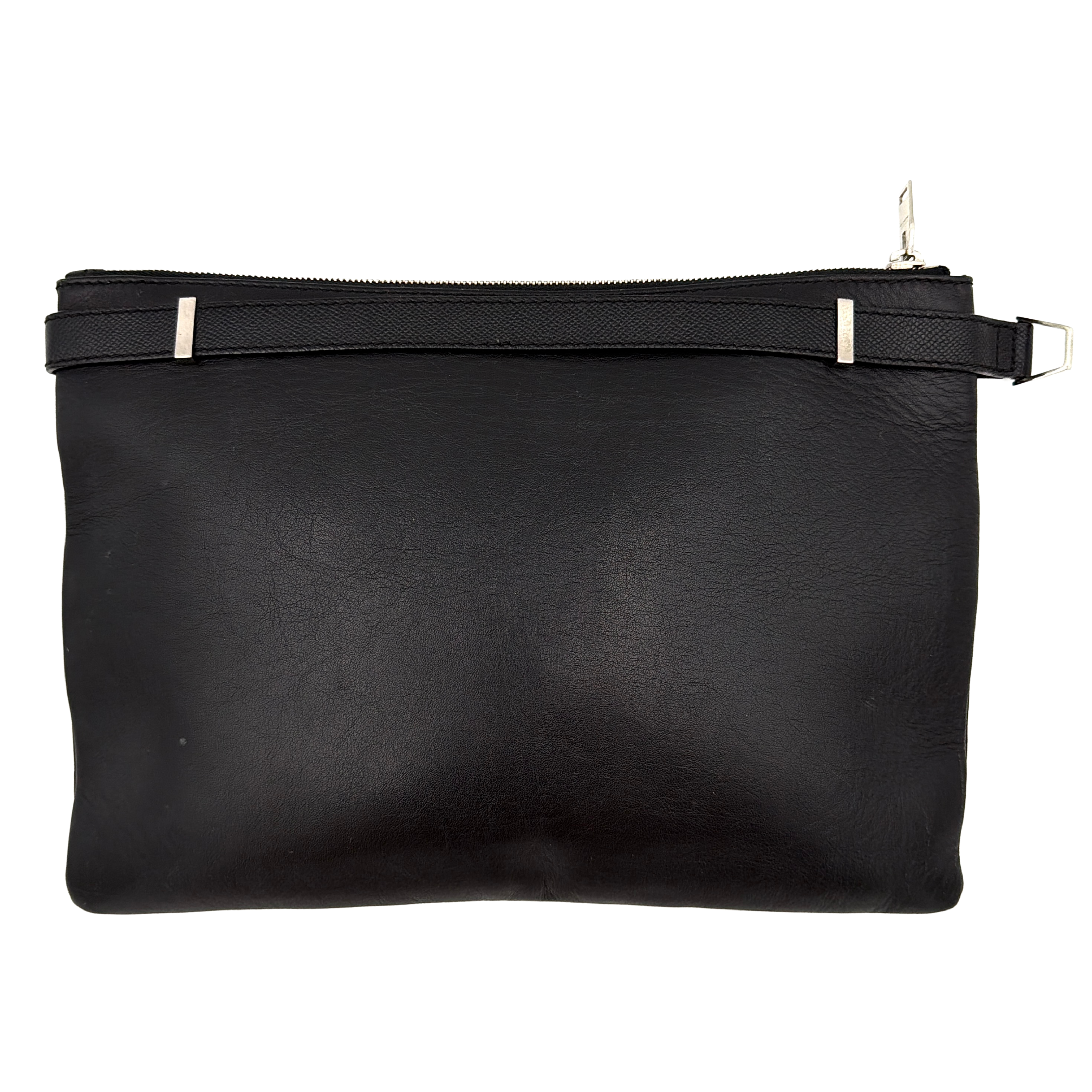 Balenciaga Phileas clutch in smooth black leather with silver hardware, shown against a white background.