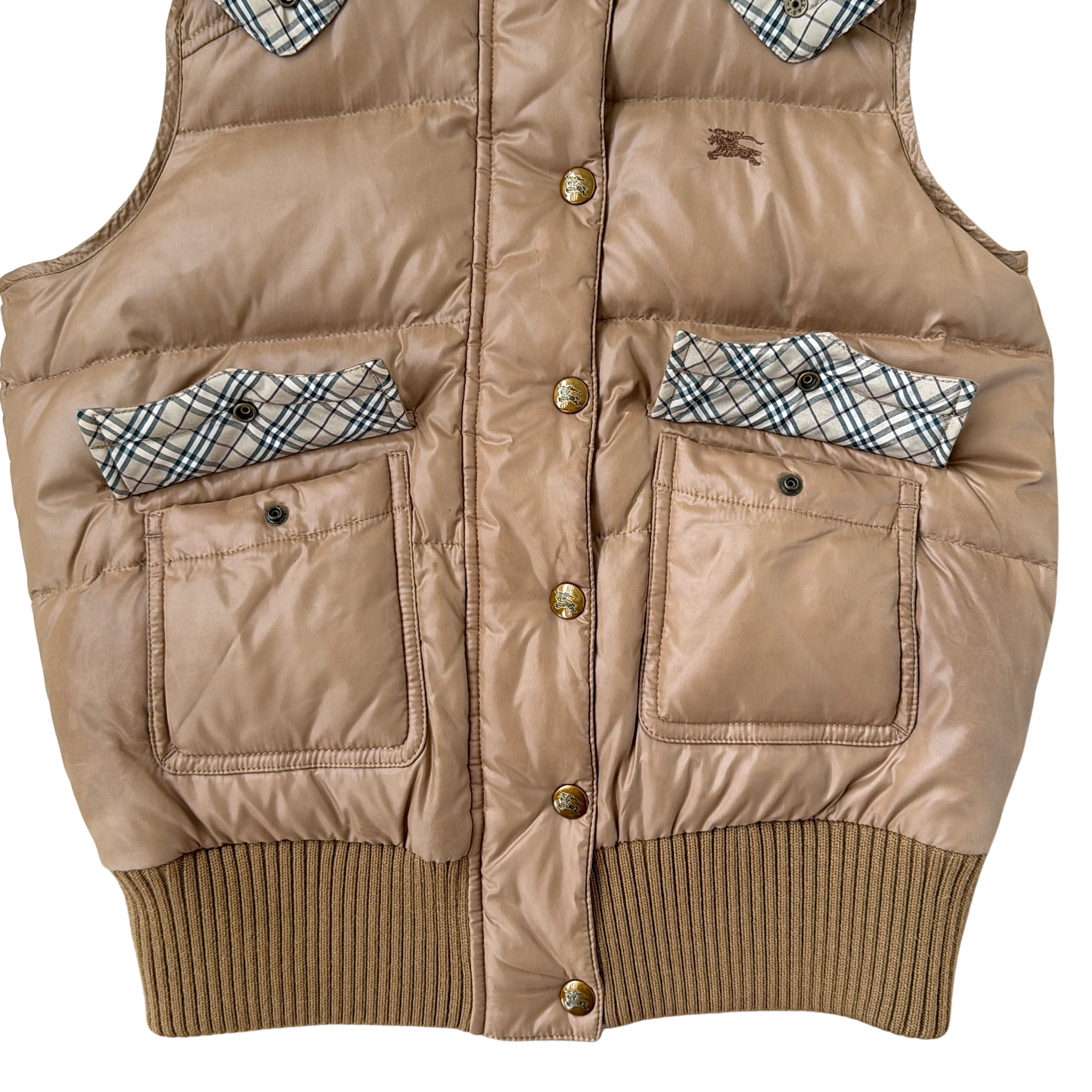 (38) Burberry Blue Label Nova Check Down Puffer Hoodie Vest Beige