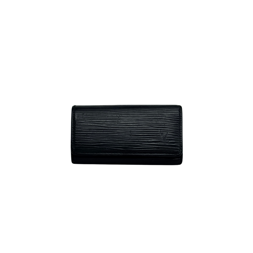 Louis Vuitton Epi Leather key case in black with silver-tone key hooks and snap closure, photographed against a clean white background.