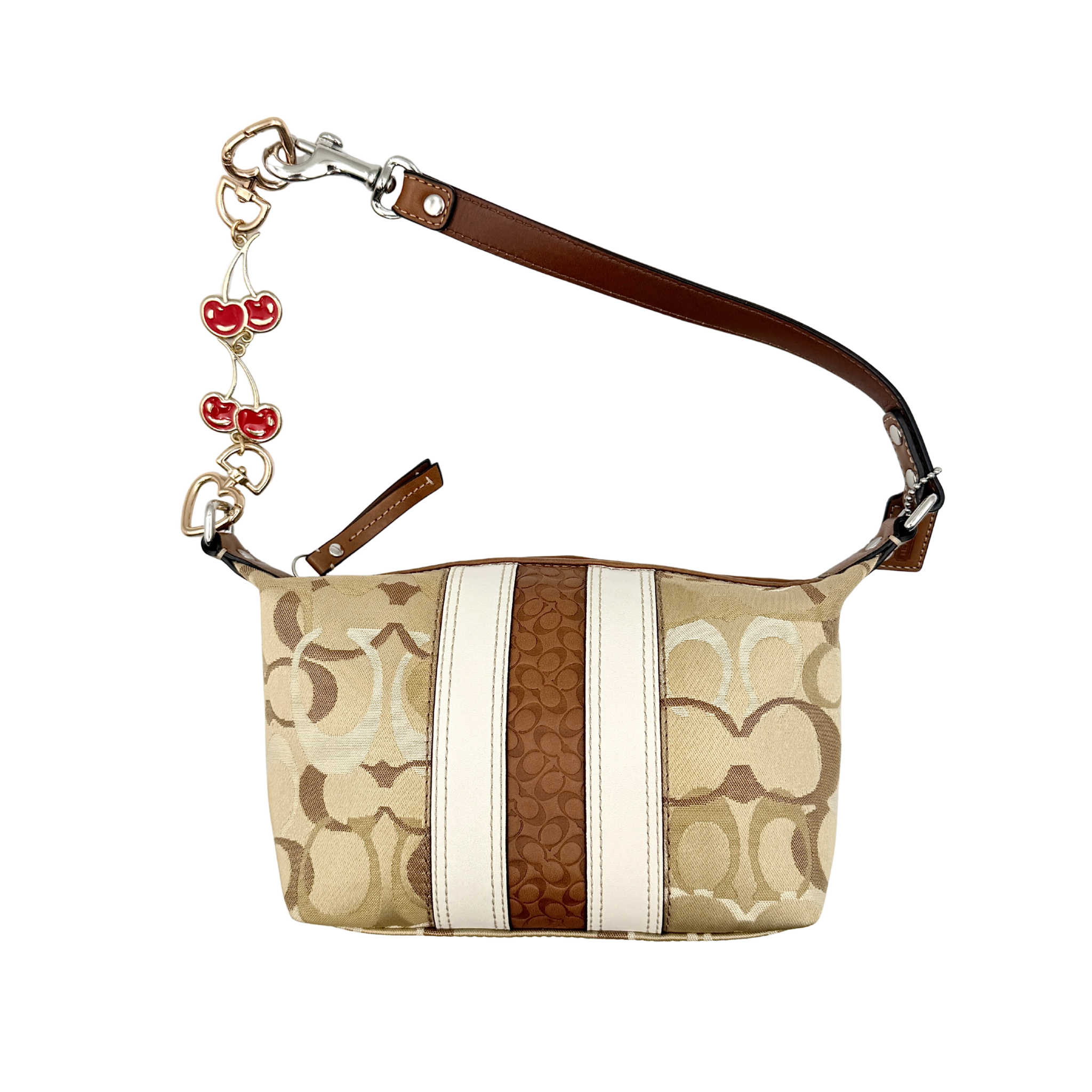 Coach Signature Stripe Mini Hobo Shoulder Bag in brown canvas with white and caramel stripes, featuring a brown leather strap and playful cherry charms.