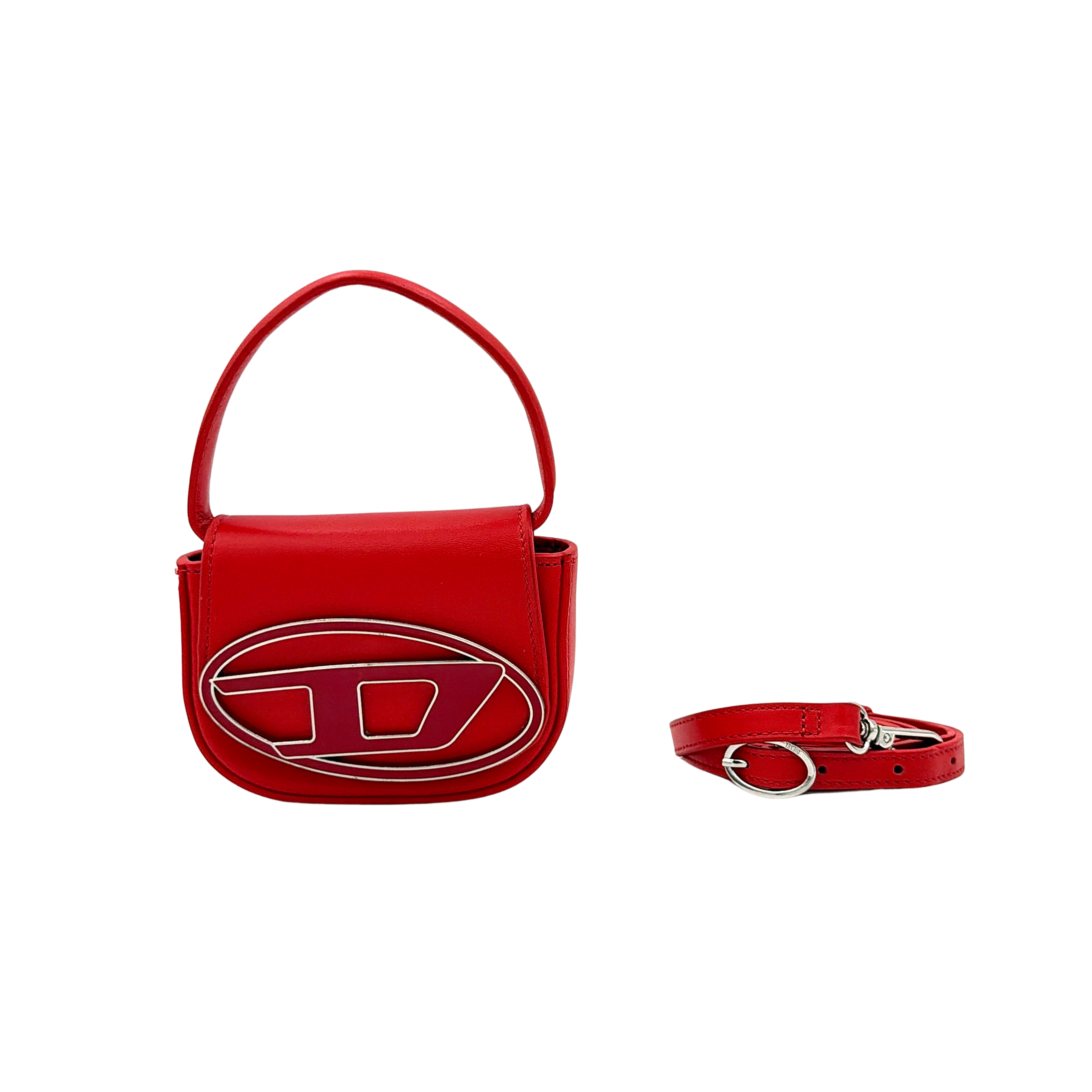 Diesel 2Way 1DR-XS Mini Bag in striking red leather with bold silver D logo, paired with a detachable matching strap.