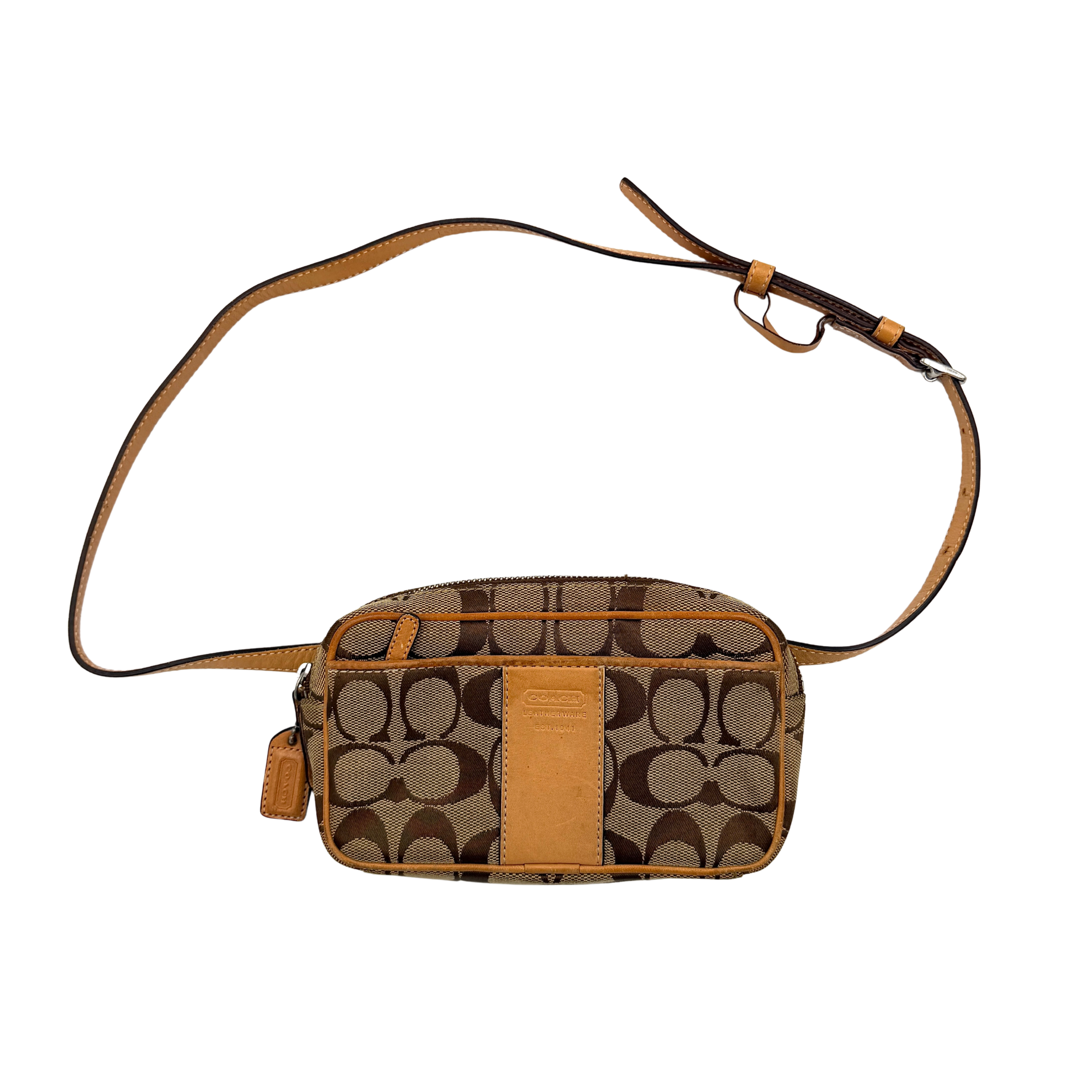 Coach Signature Canvas crossbody bag in beige and tan with iconic 'C' motif, natural leather trim and adjustable strap.