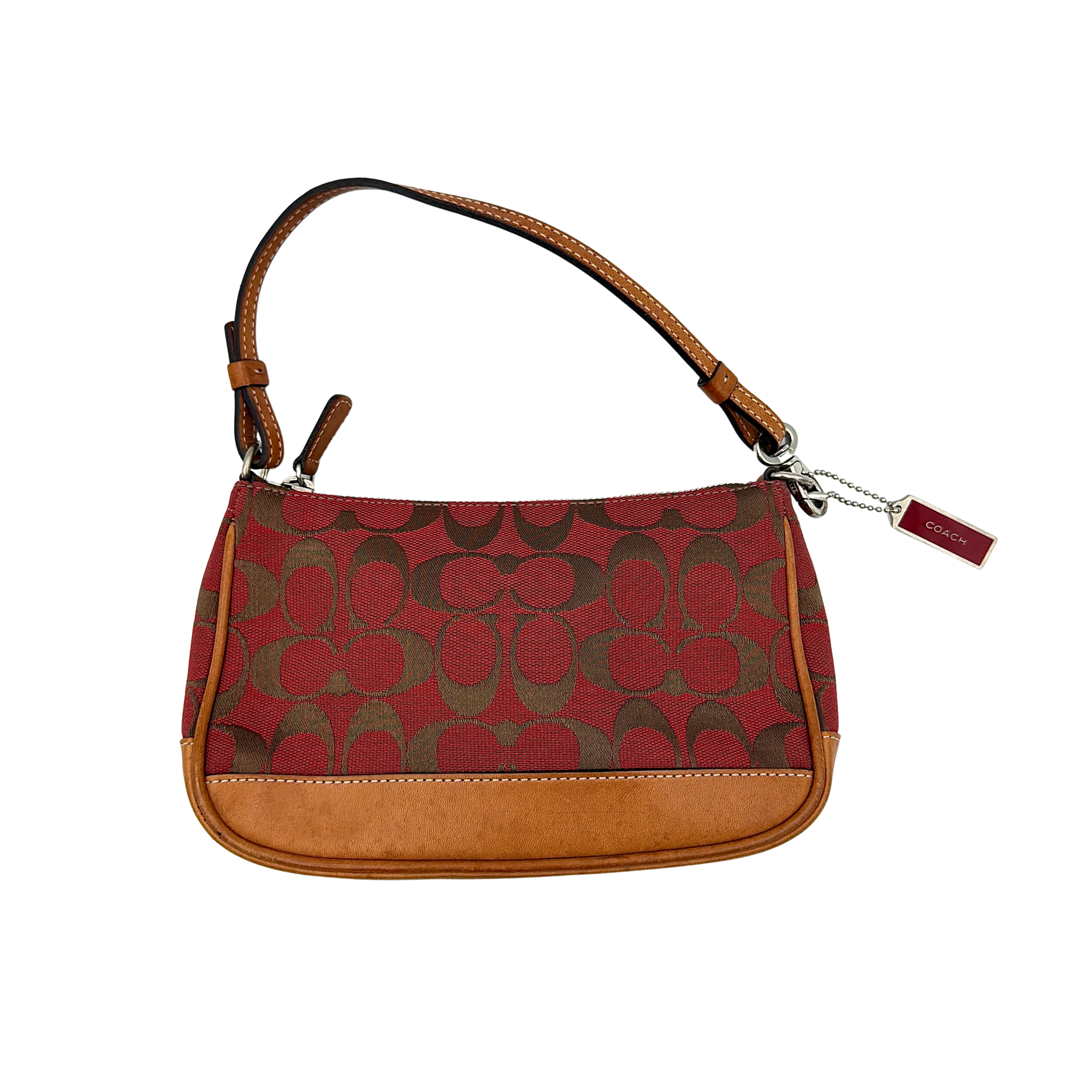 Coach Y2K Demi Shoulder Bag in red jacquard canvas with tan leather trim and silver-tone hardware, featuring a signature enamel Coach hangtag.