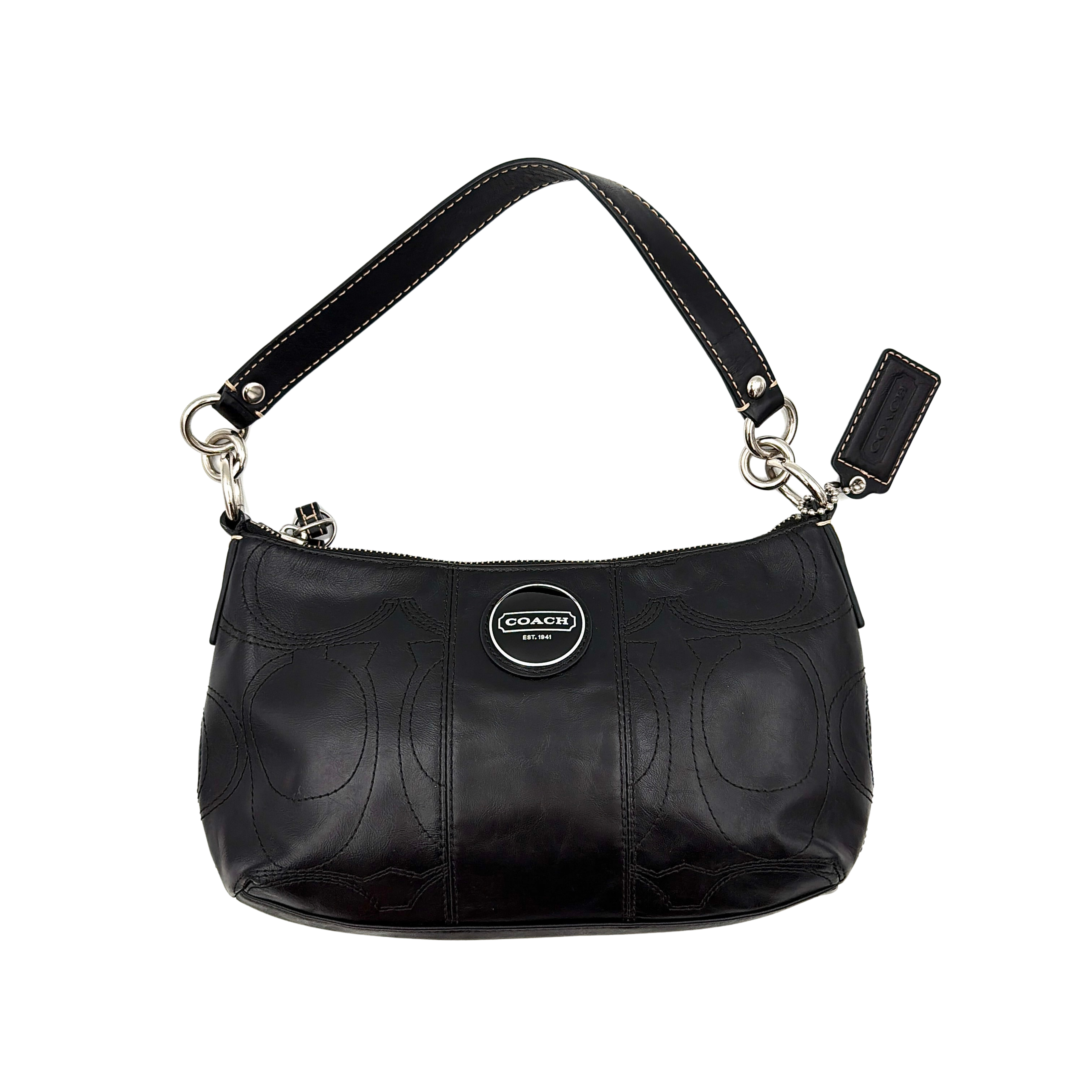 Coach black leather shoulder bag with signature embossed pattern and silver hardware, shown with attached logo tag and short leather strap.