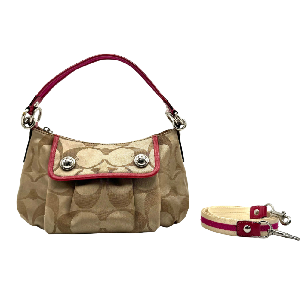 Coach Signature Poppy Sateen Groovy Shoulder Bag in beige with pink trim and detachable strap, displayed on a white background.