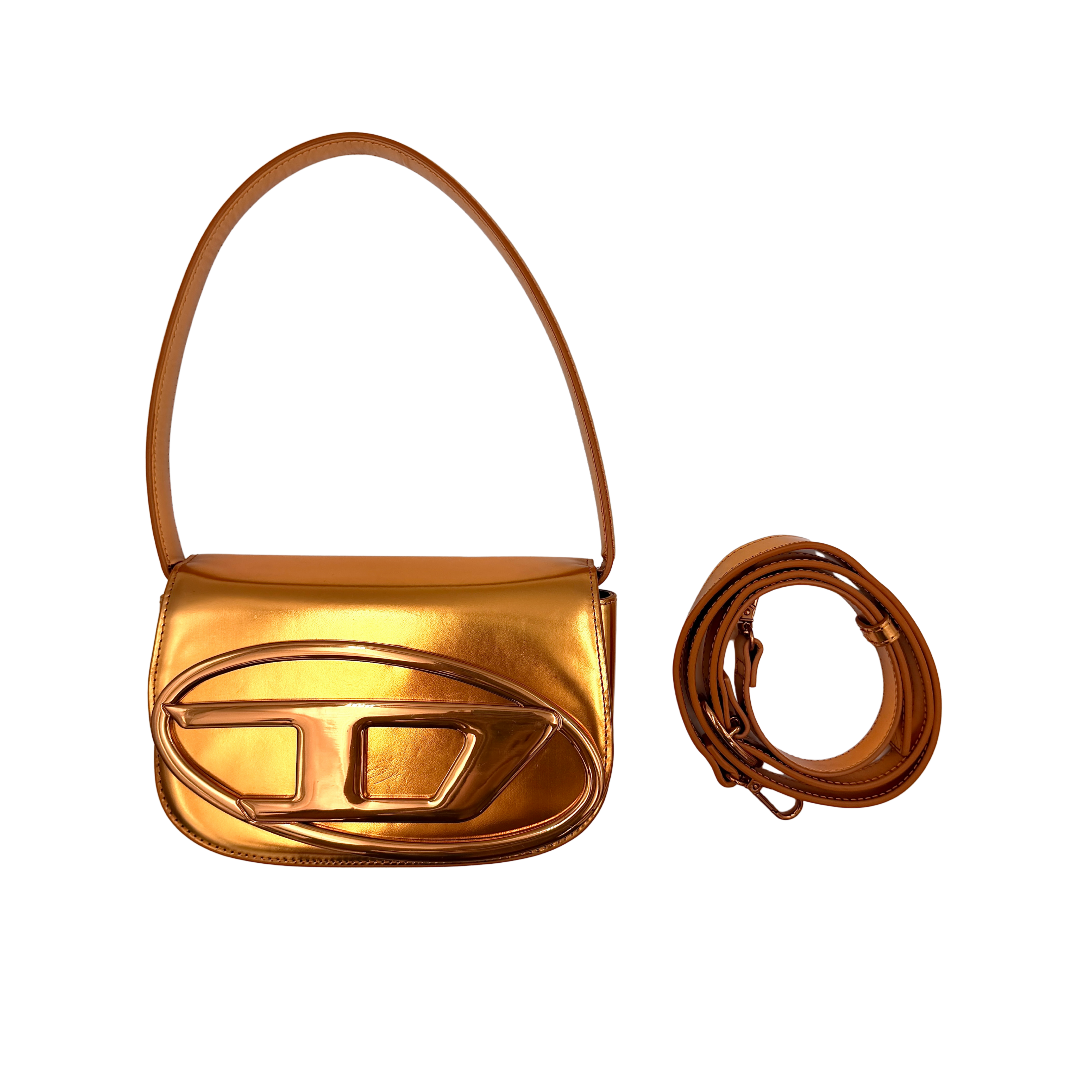 A Diesel 2Way 1DR Shoulder Bag in striking metallic gold with an embossed logo and detachable strap, displayed alongside its accessories.